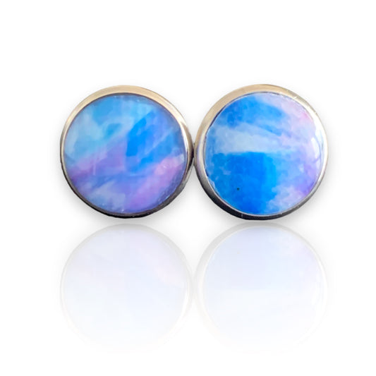 Small blue studs handmade from recycled bottle tops perfect gift