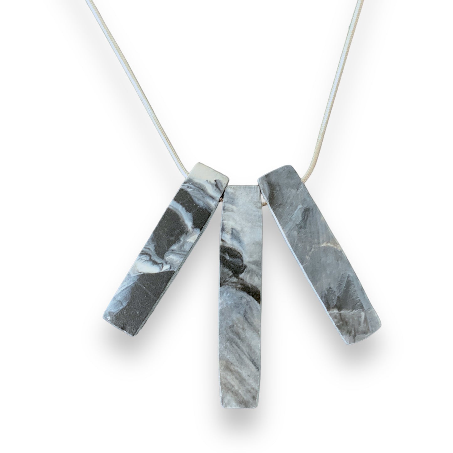Black and White bar necklace from recycled bottle tops carrier bags eco fashion sustainable silver