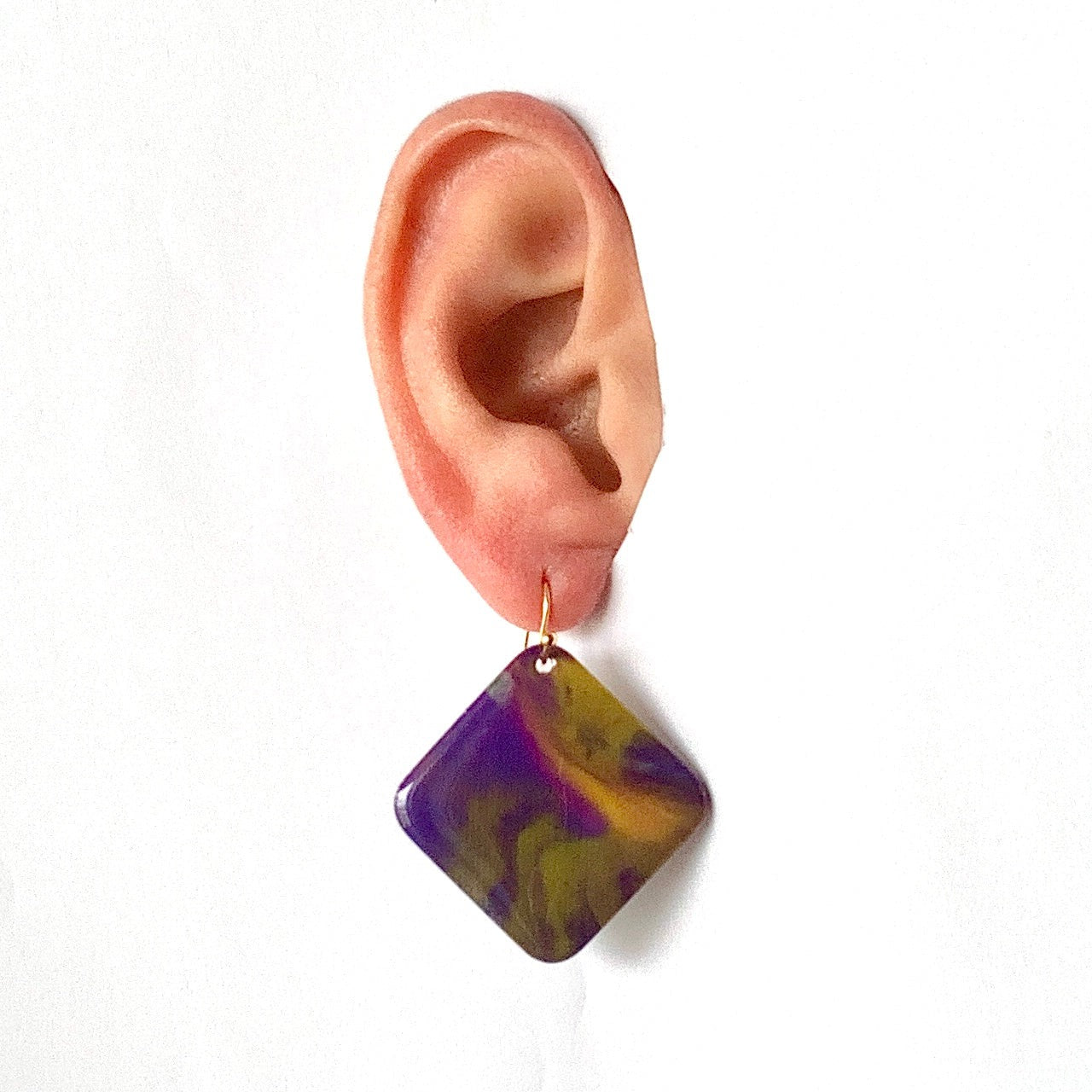 square diamond earrings dangling drop earrings handmade from recycled plastic purple gold yellow artesian eco friendly crocuses