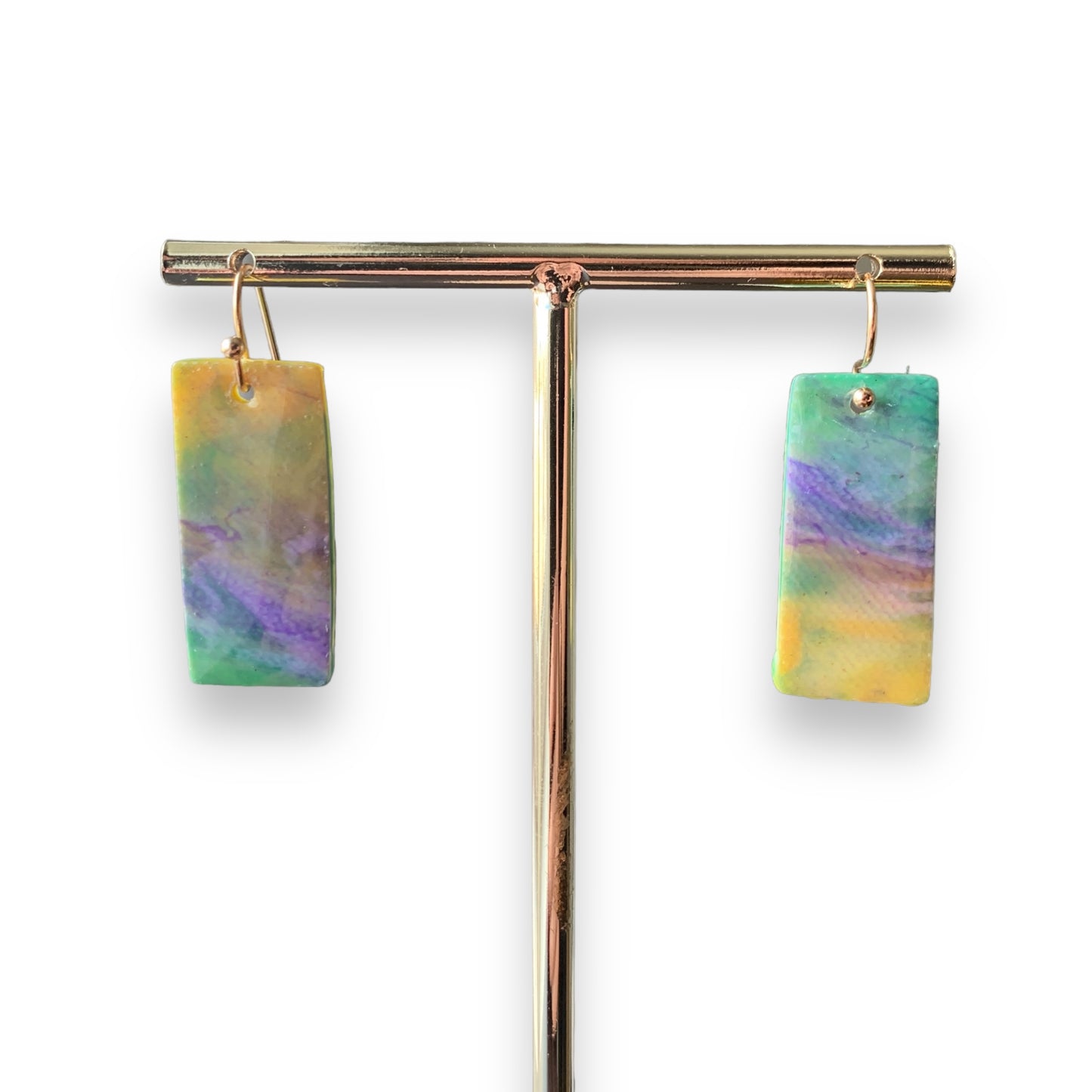 Rectangle dangling drop earrings handmade from recycled plastic purple silver yellow pink artesian eco friendly crocuses