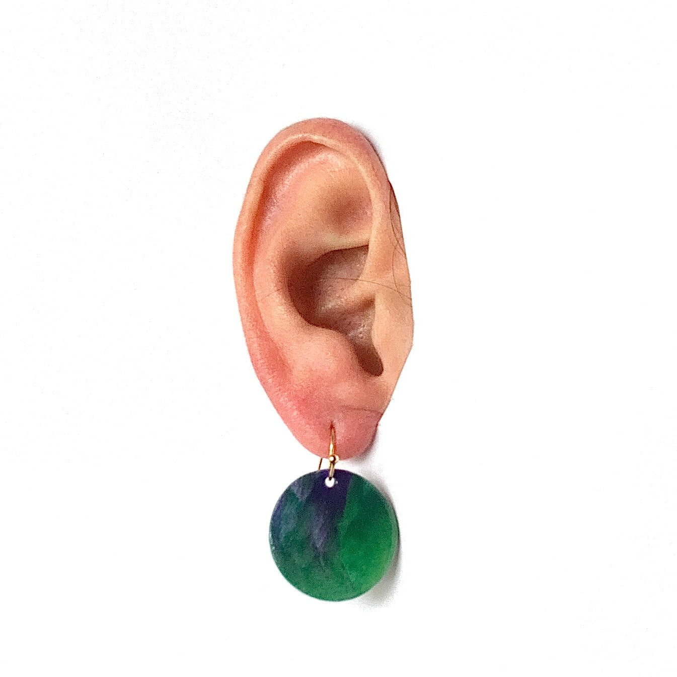 Circle dangling drop earrings handmade from recycled plastic purple gold dark green artesian eco friendly crocuses