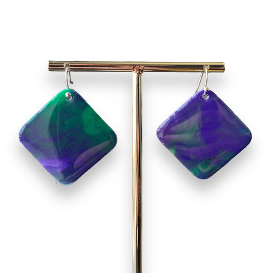 square diamond earrings dangling drop earrings handmade from recycled plastic purple green silver artesian eco friendly crocuses
