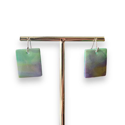 Rectangle dangling drop earrings handmade from recycled plastic light green silver artesian eco friendly crocuses