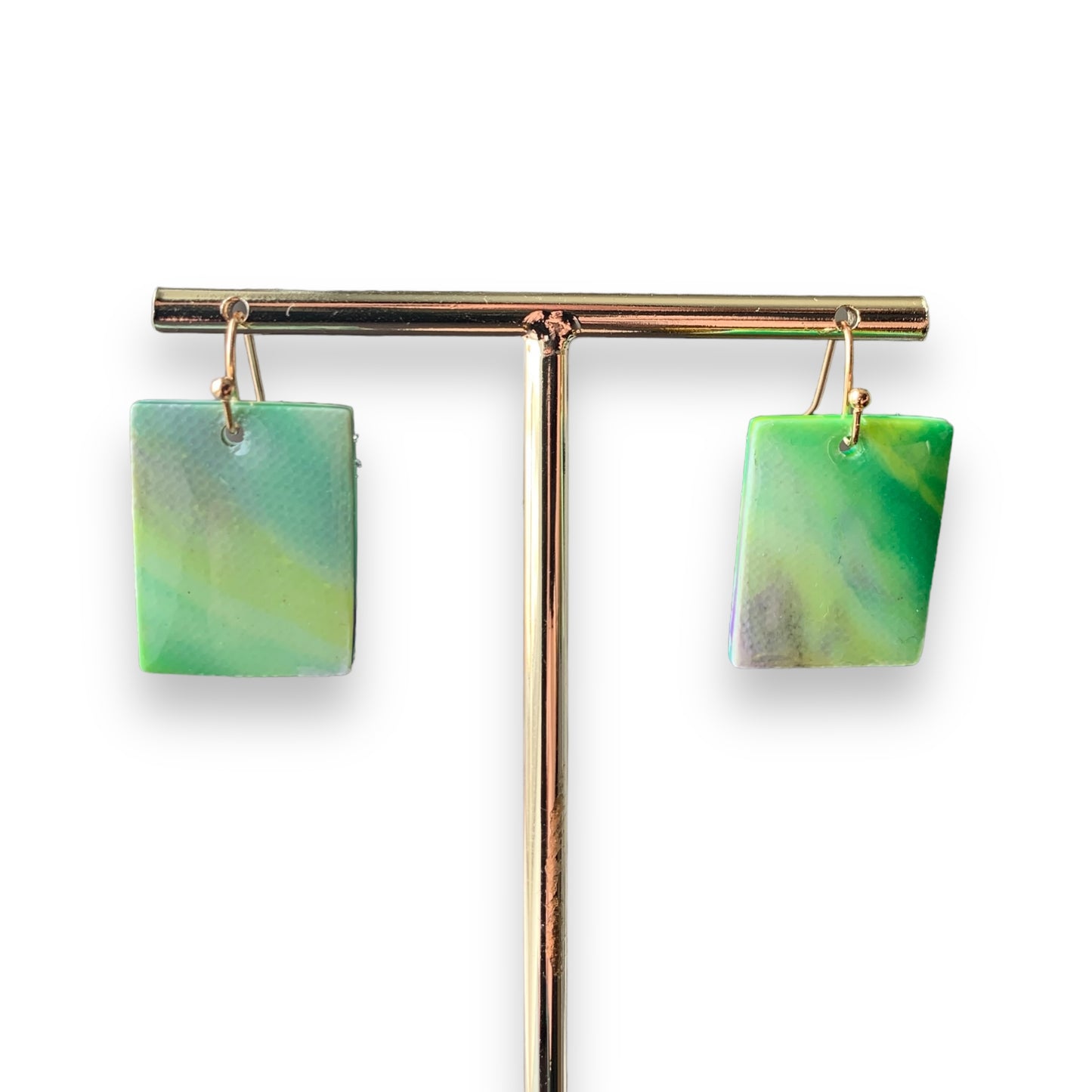 Rectangle dangling drop earrings handmade from recycled plastic light green gold artesian eco friendly crocuses