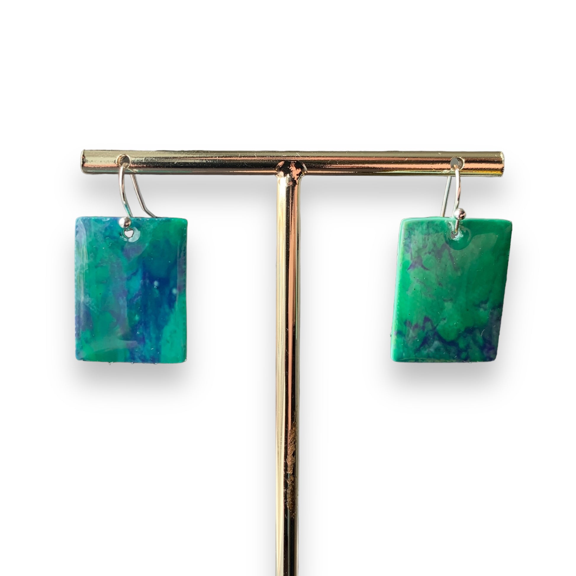 Rectangle dangling drop earrings handmade from recycled plastic dark green silver artesian eco friendly crocuses