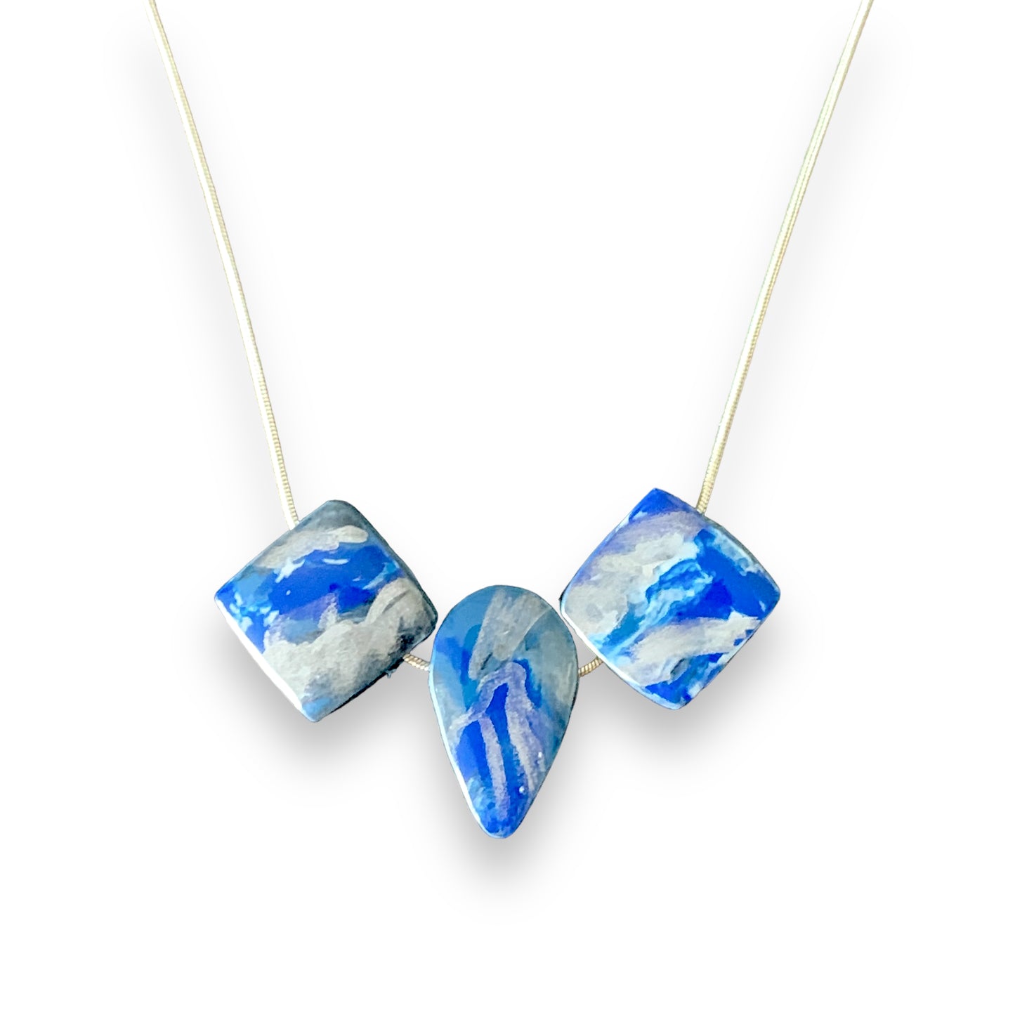 Blue necklace made from recycled plastic silver snake chain handmade in London perfect gift award 2023