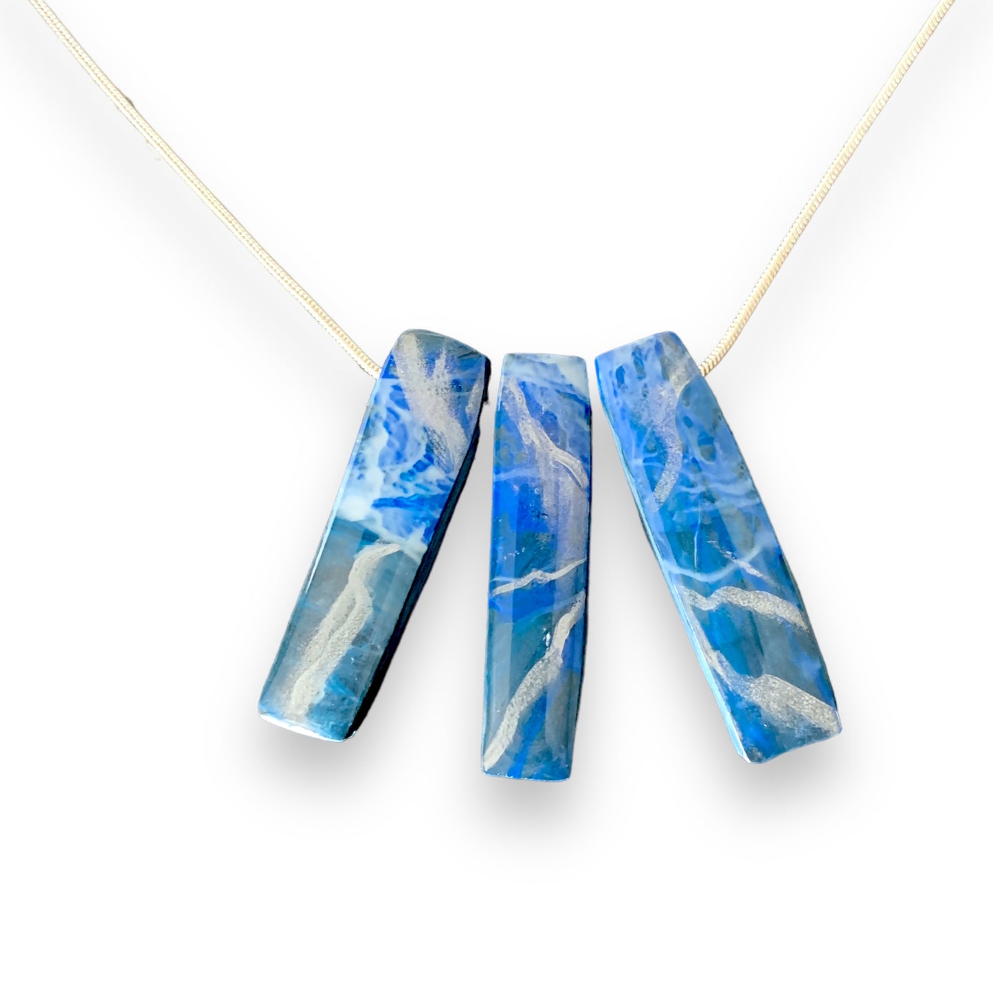 Blue bar necklace from recycled bottle tops carrier bags eco fashion sustainable silver