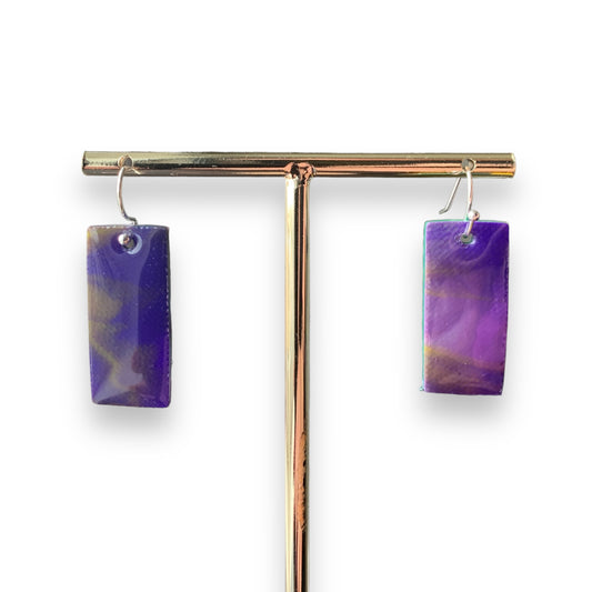 Rectangle dangling drop earrings handmade from recycled plastic purple silver yellow pink artesian eco friendly