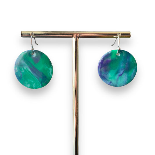 Circle dangling drop earrings handmade from recycled plastic purple silver dark green artesian eco friendly crocuses