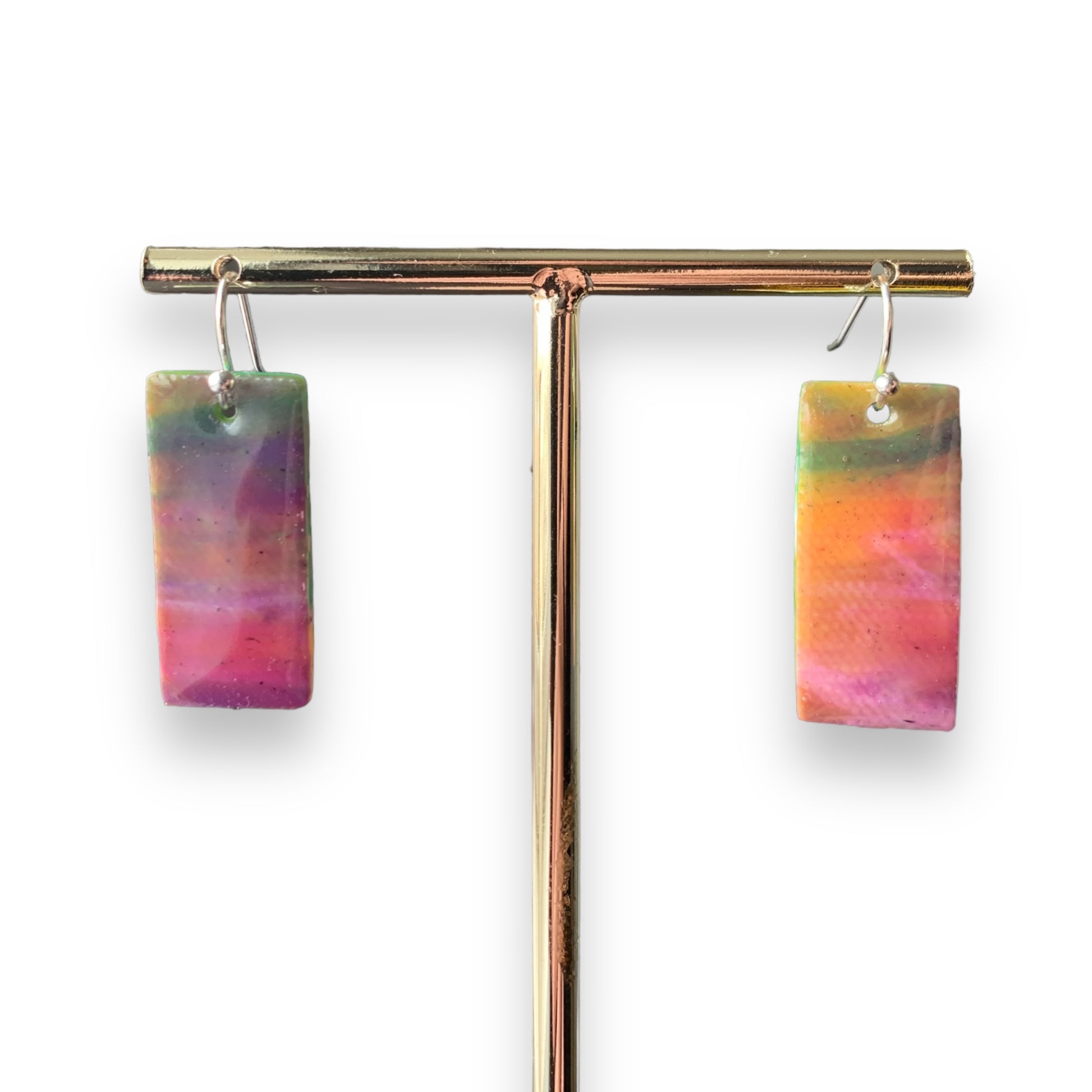 Rectangle dangling drop earrings handmade from recycled plastic purple silver yellow pink artesian eco friendly crocuses