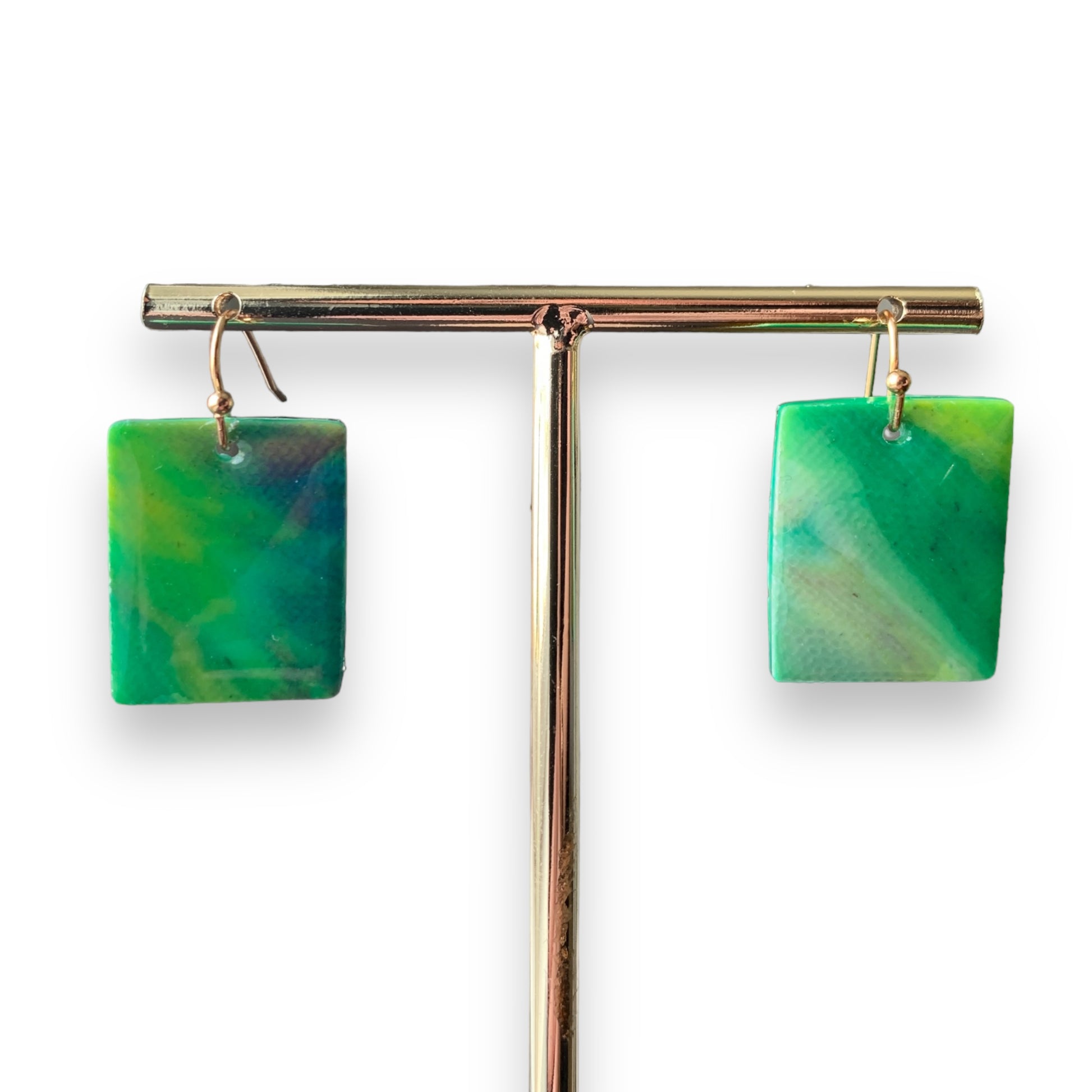 Rectangle dangling drop earrings handmade from recycled plastic light green yellow gold artesian eco friendly crocuses