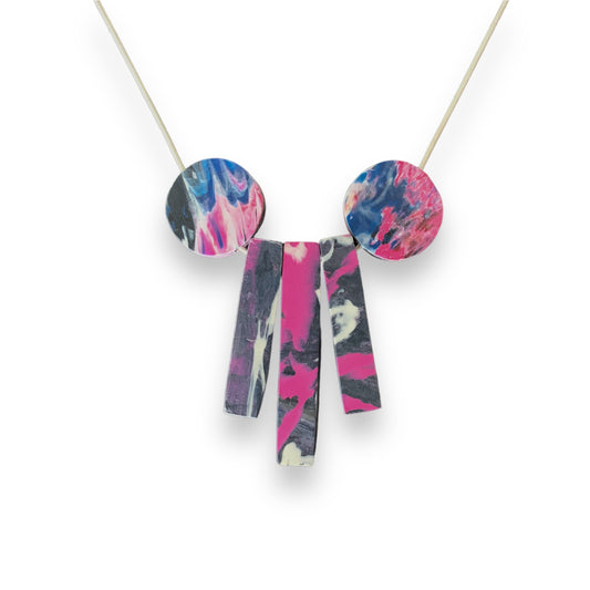 Pink geometric necklace from recycled bottle tops carrier bags eco fashion sustainable silver