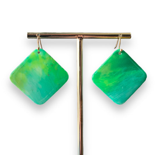 square diamond earrings dangling drop earrings handmade from recycled plastic gold light green artesian eco friendly crocuses