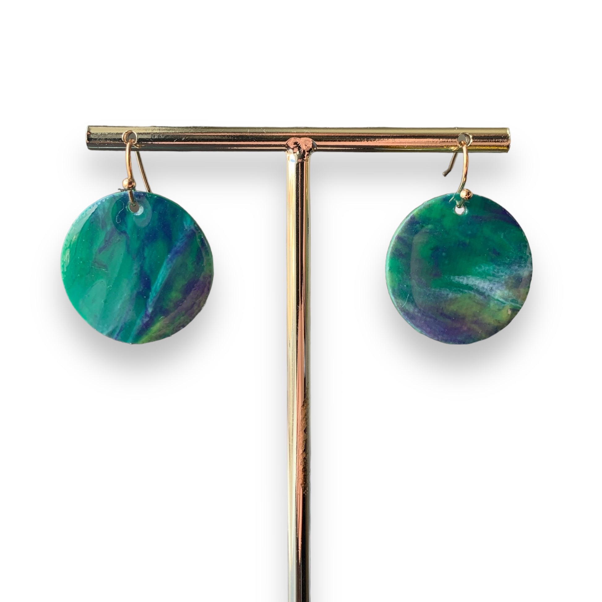 Circle dangling drop earrings handmade from recycled plastic dark green gold artesian eco friendly crocuses
