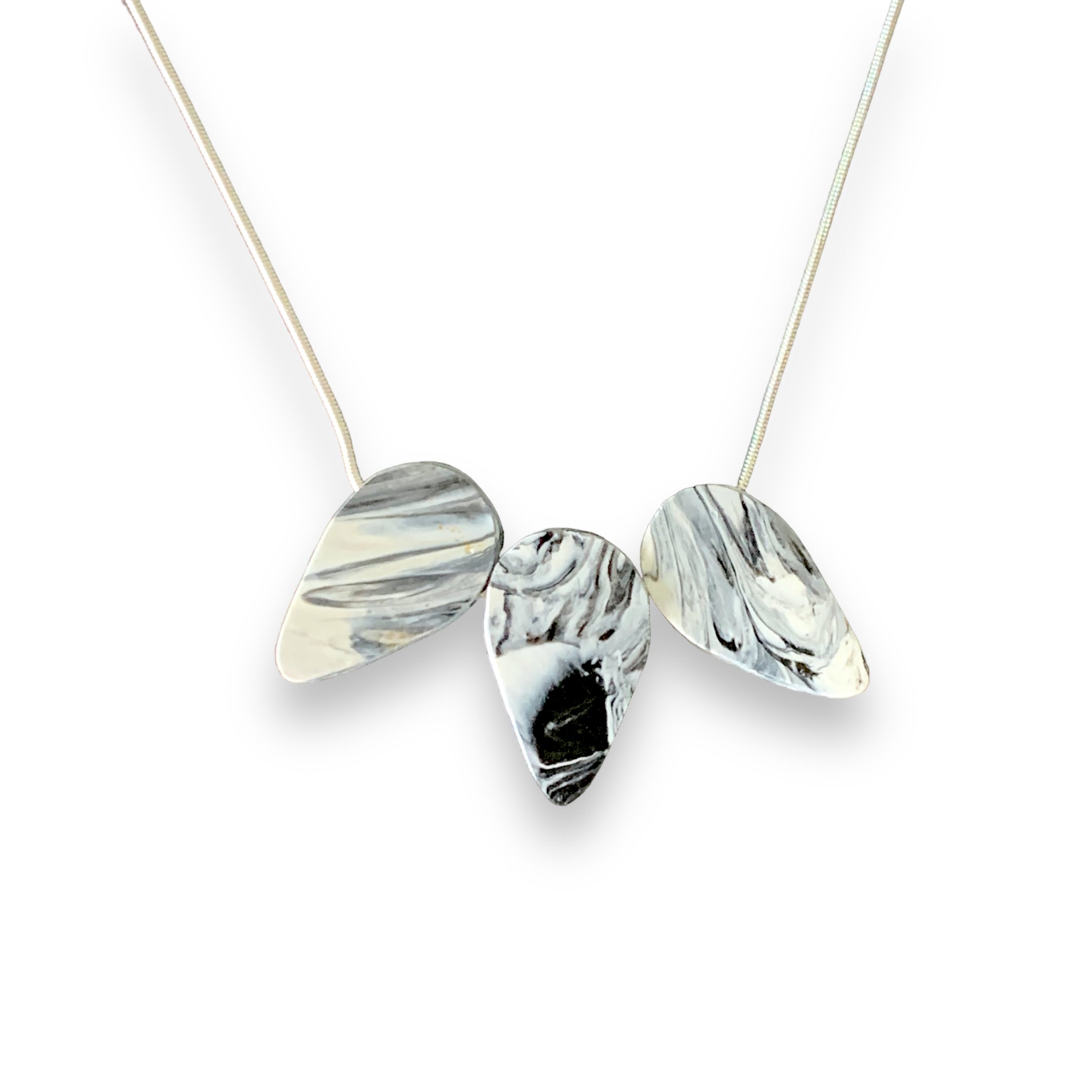 Black and white teardrop necklace handmade in London from recycled single use plastic perfect gift awards 2023