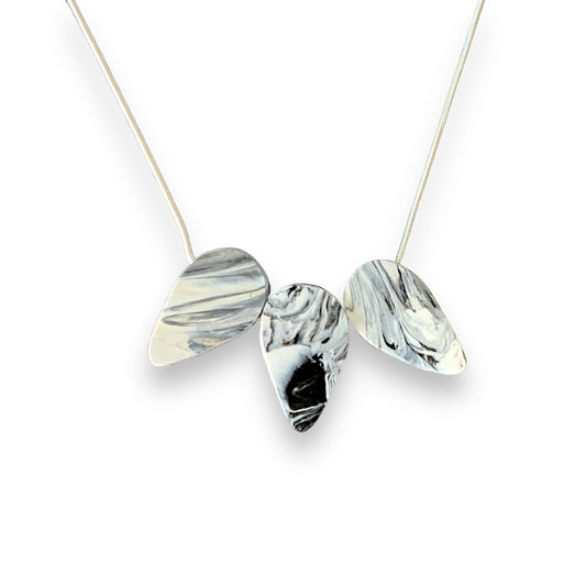 Black and white teardrop necklace handmade in London from recycled single use plastic perfect gift awards 2023