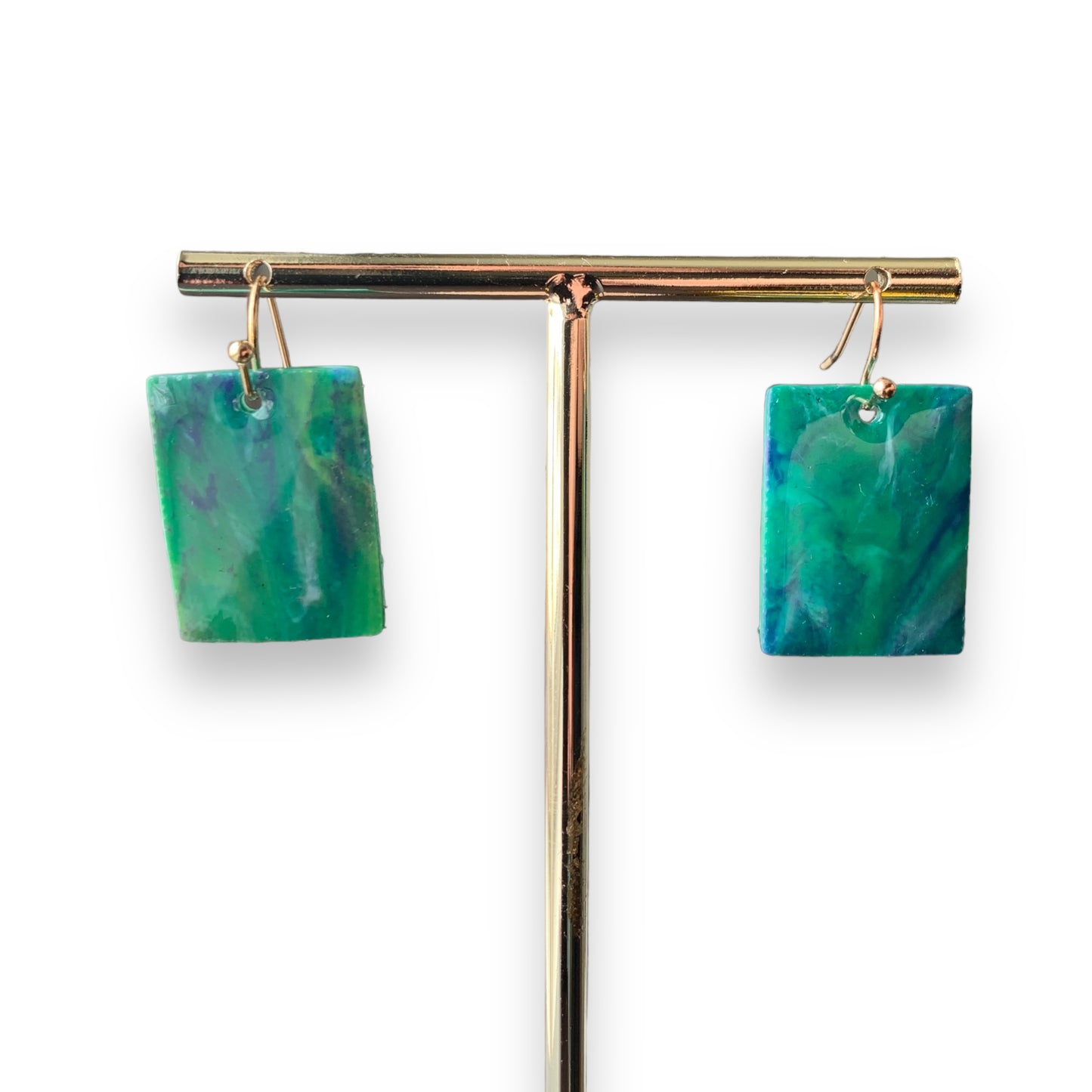 Rectangle dangling drop earrings handmade from recycled plastic dark green gold artesian eco friendly crocuses