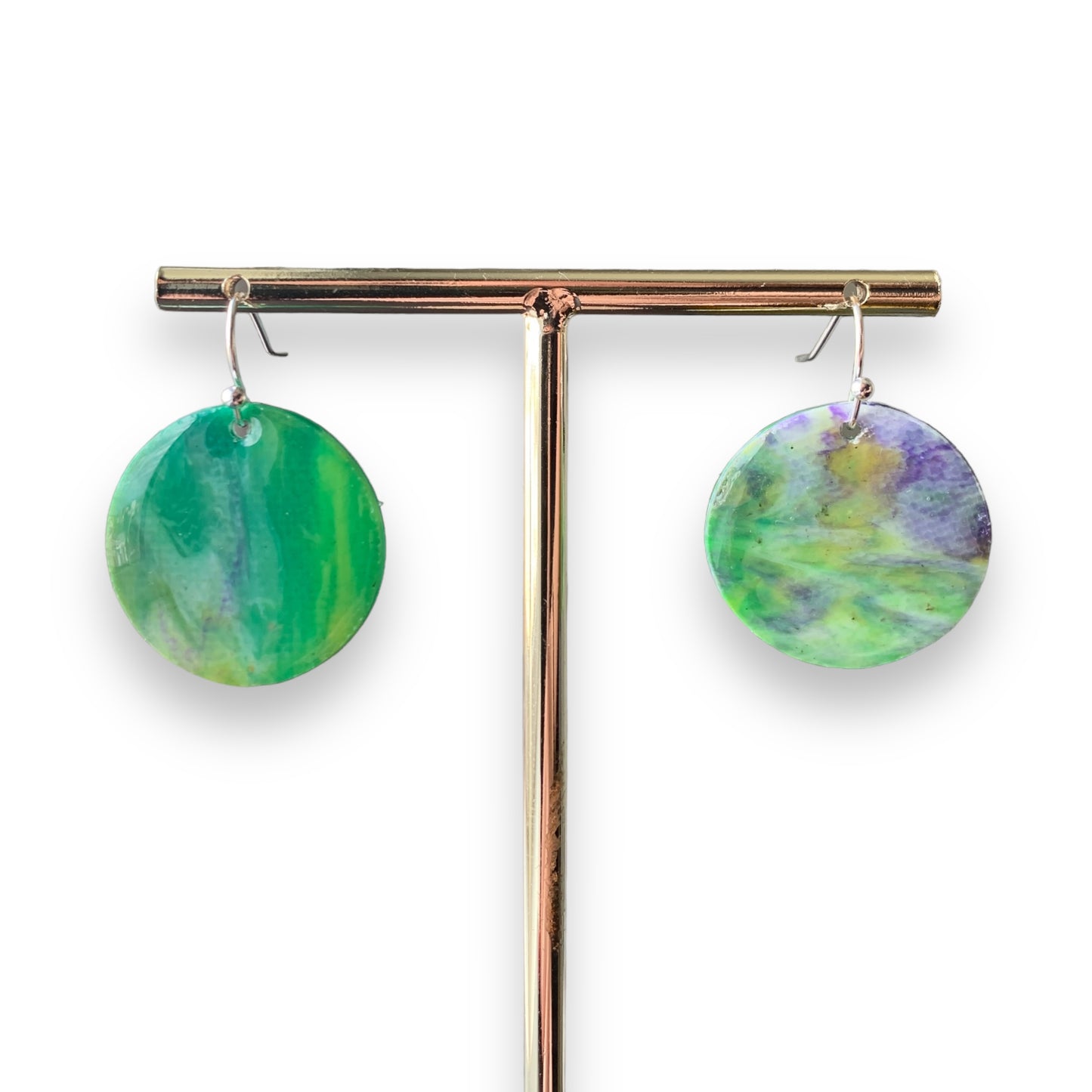 Circle dangling drop earrings handmade from recycled plastic purple silver pink green artesian eco friendly crocuses