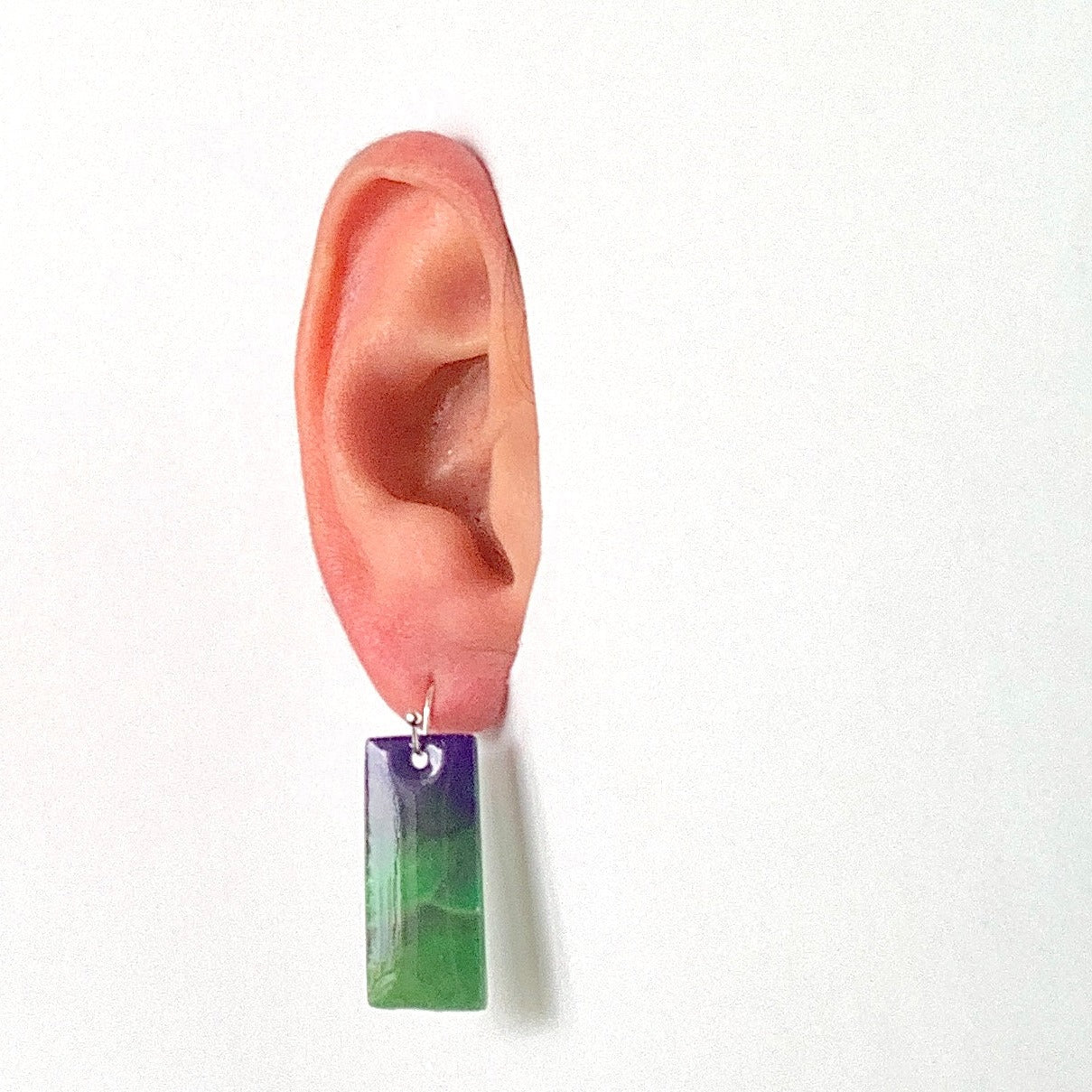 Rectangle dangling drop earrings handmade from recycled plastic purple silver yellow pink artesian eco friendly crocuses green