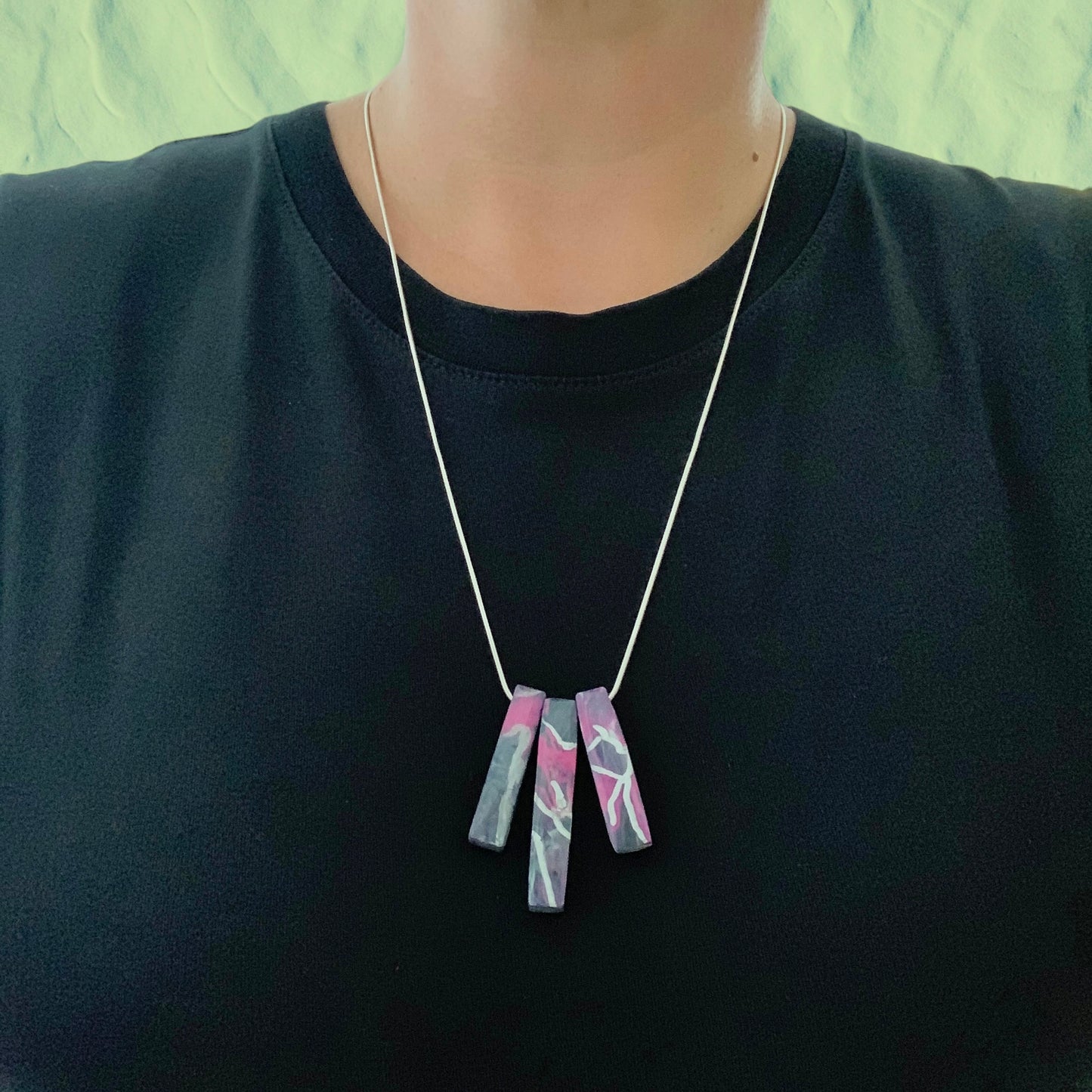 Perfect gift bar necklace handmade from recycled plastic pink black silver gift for her