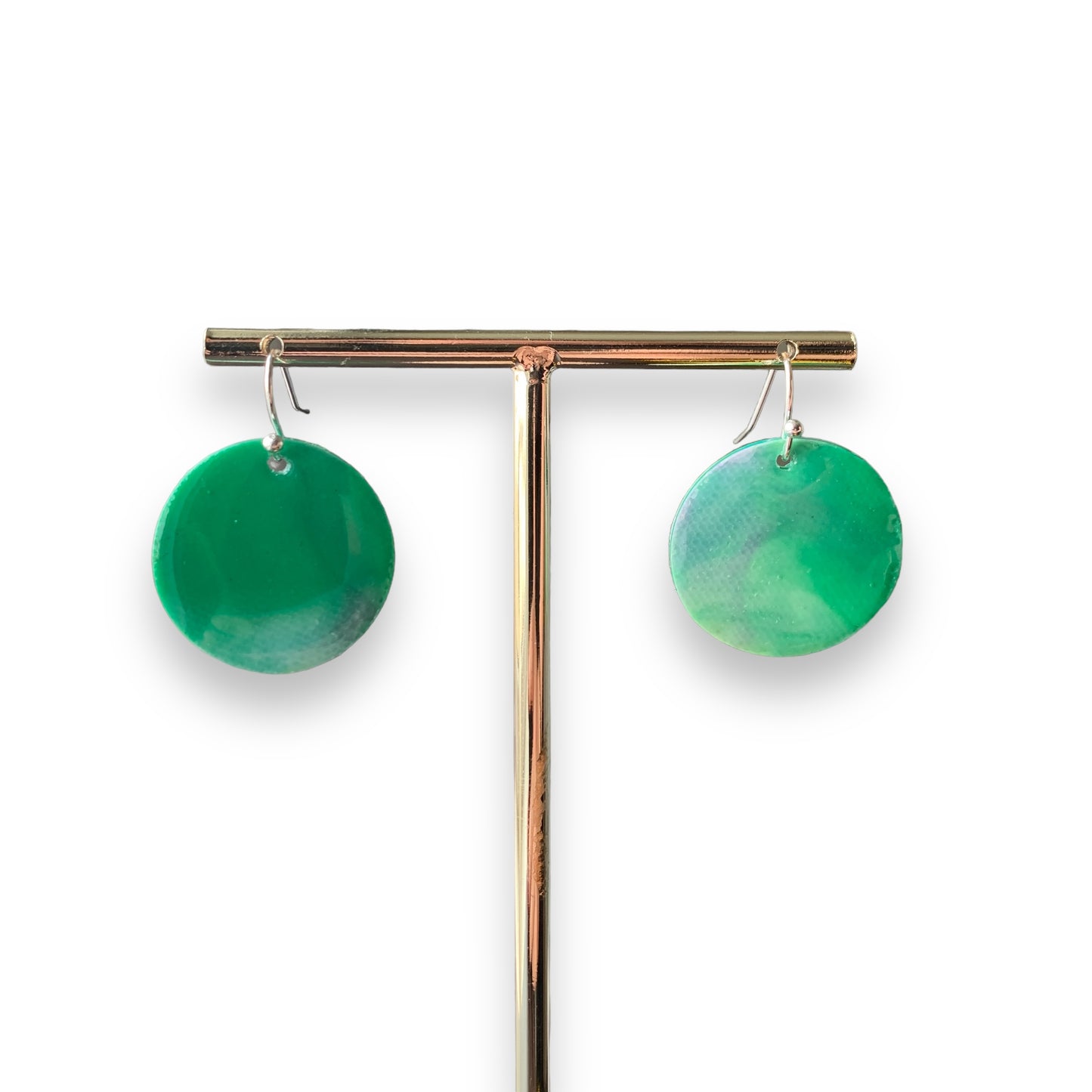 Circle dangling drop earrings handmade from recycled plastic dark green artesian eco friendly crocuses