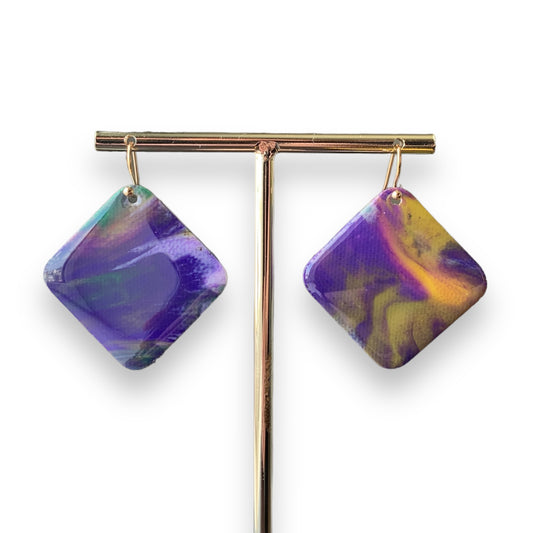 square diamond earrings dangling drop earrings handmade from recycled plastic purple gold yellow artesian eco friendly crocuses