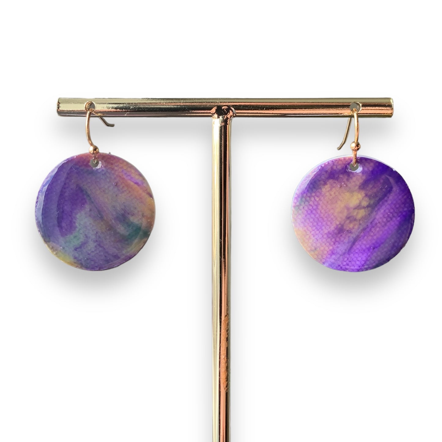 Circle dangling drop earrings handmade from recycled plastic purple silver yellow pink artesian eco friendly crocuses