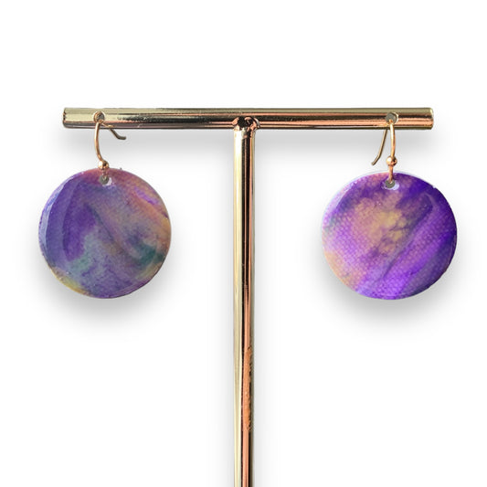 Circle dangling drop earrings handmade from recycled plastic purple silver yellow pink artesian eco friendly crocuses