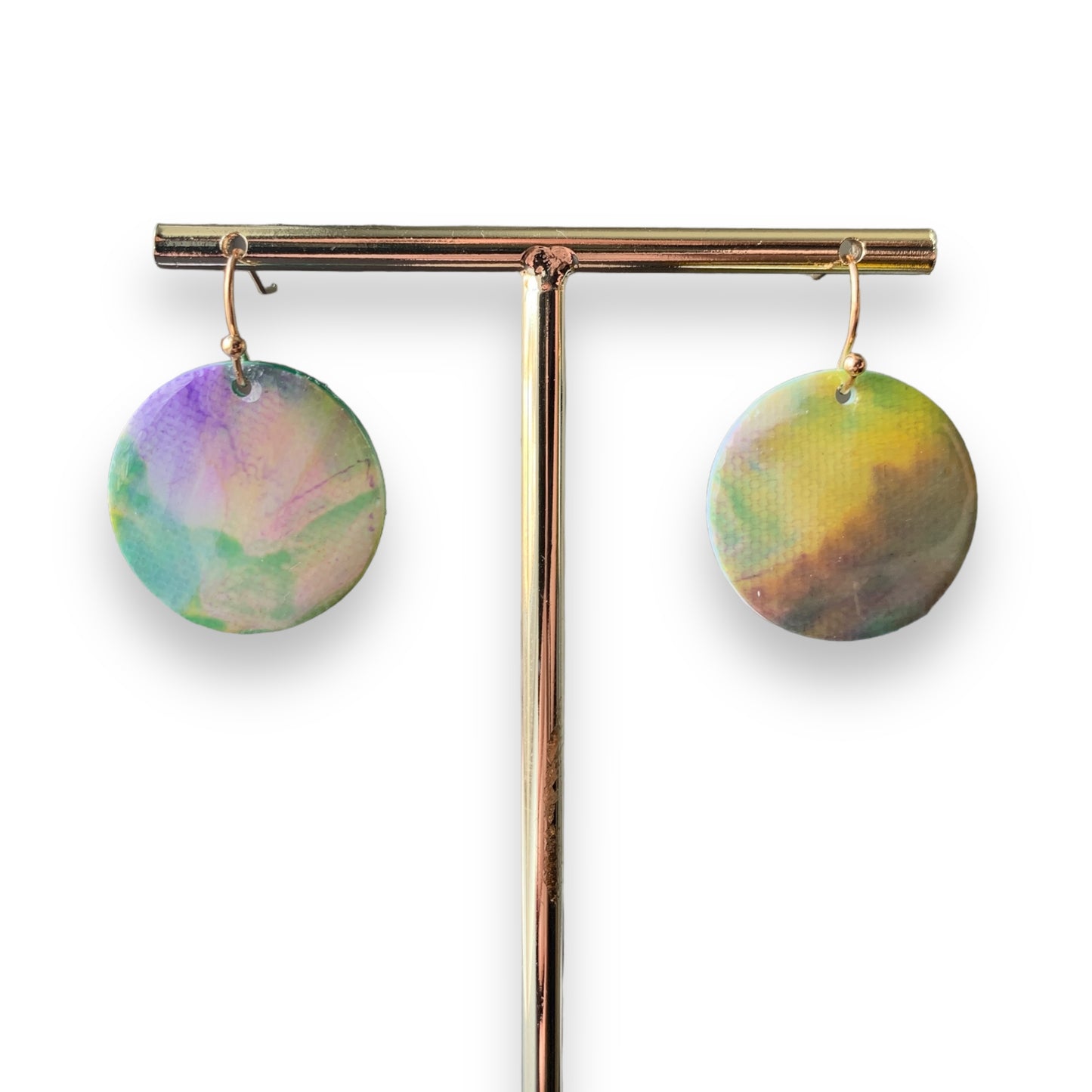 Circle dangling drop earrings handmade from recycled plastic purple gold pink green artesian eco friendly crocuses