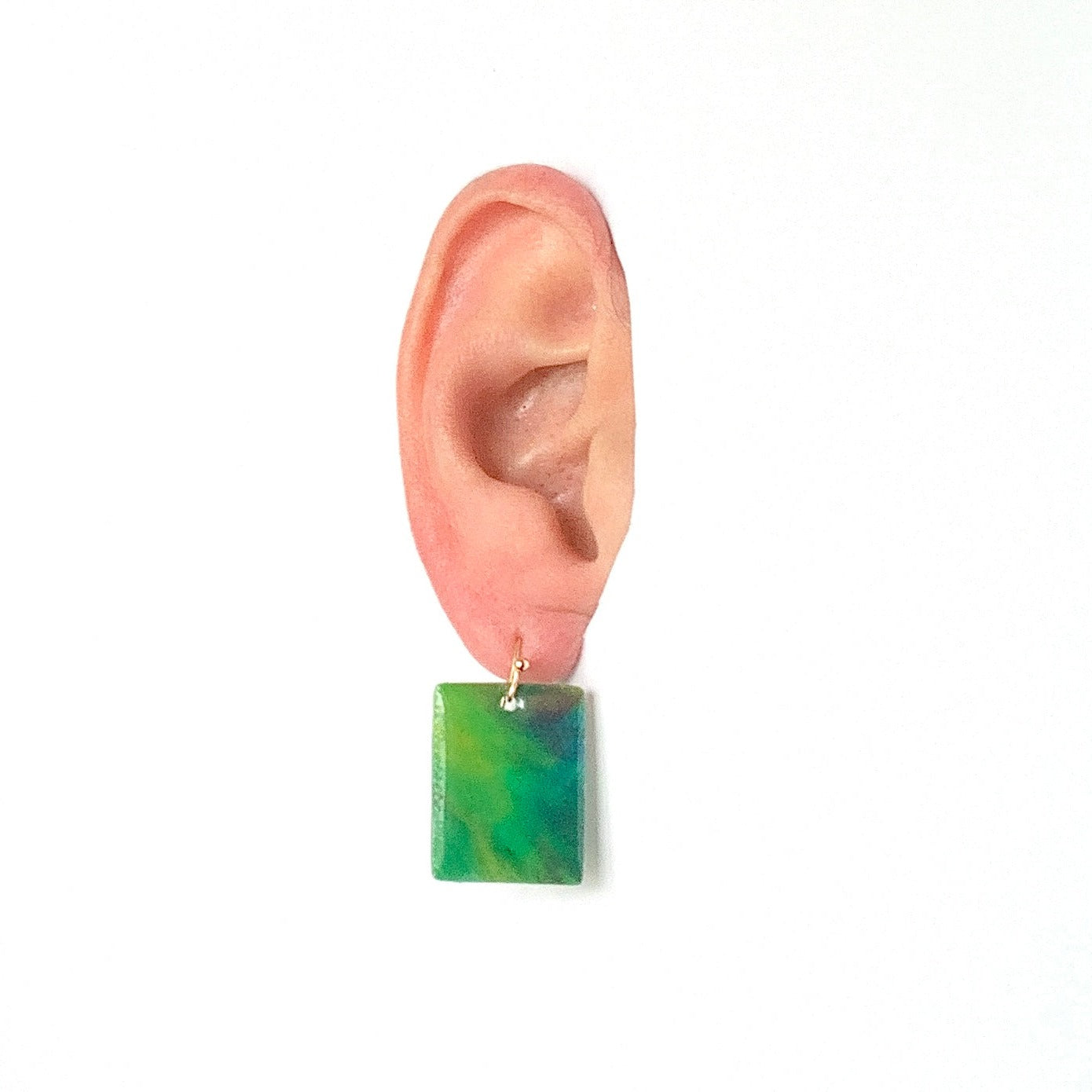 Rectangle dangling drop earrings handmade from recycled plastic light green yellow gold artesian eco friendly crocuses