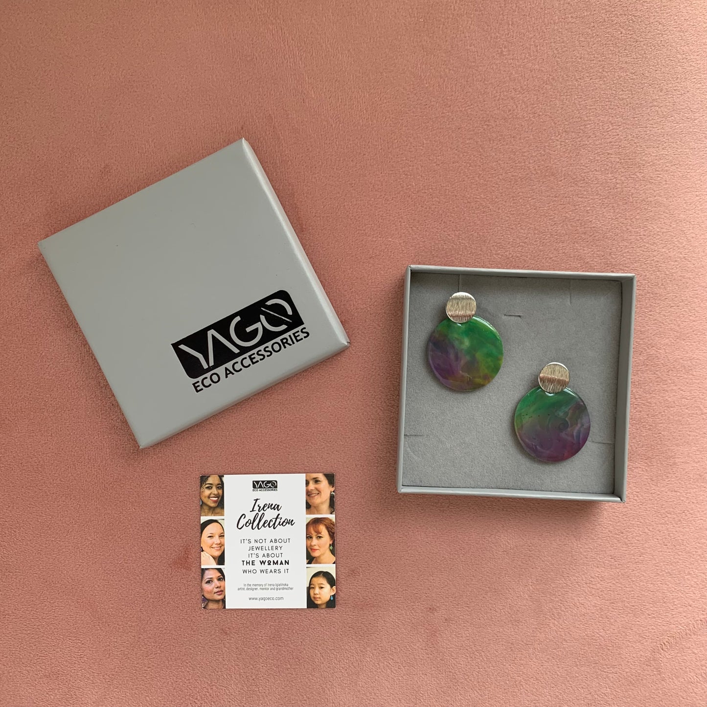 Green purple earrings from recycled plastic bottle tops silver studs circle handmade