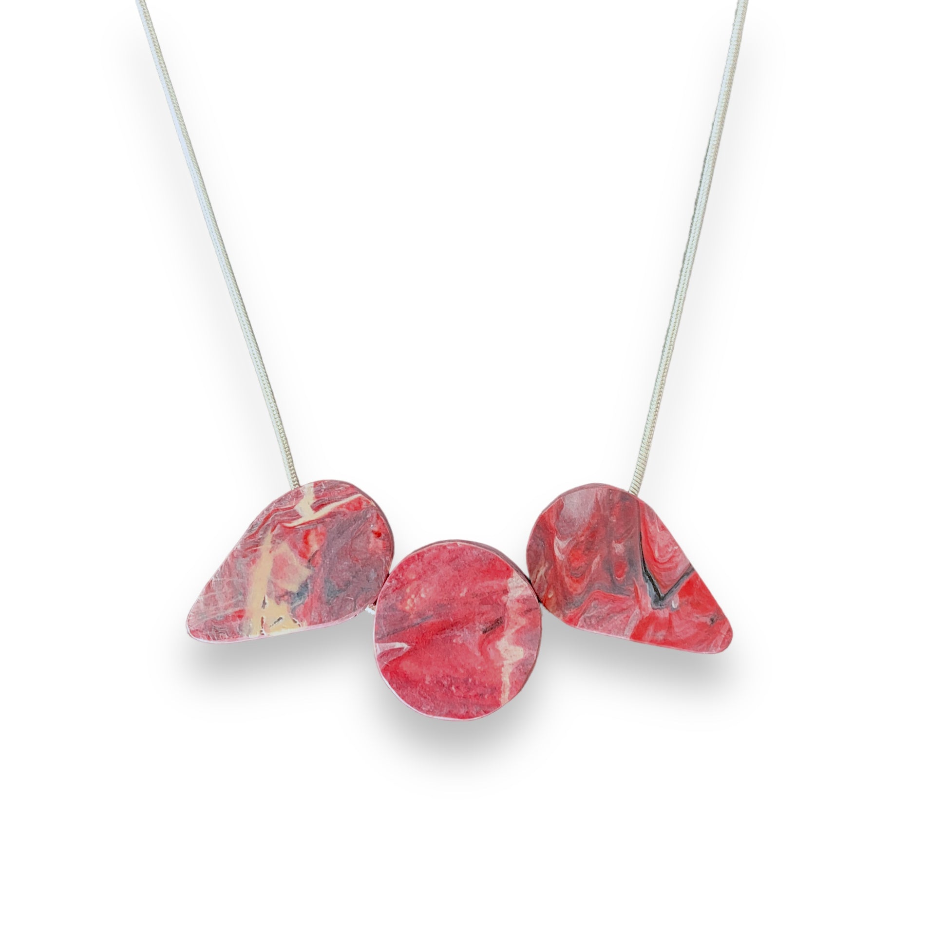 Red geometric necklace from recycled bottle tops carrier bags eco fashion sustainable silver