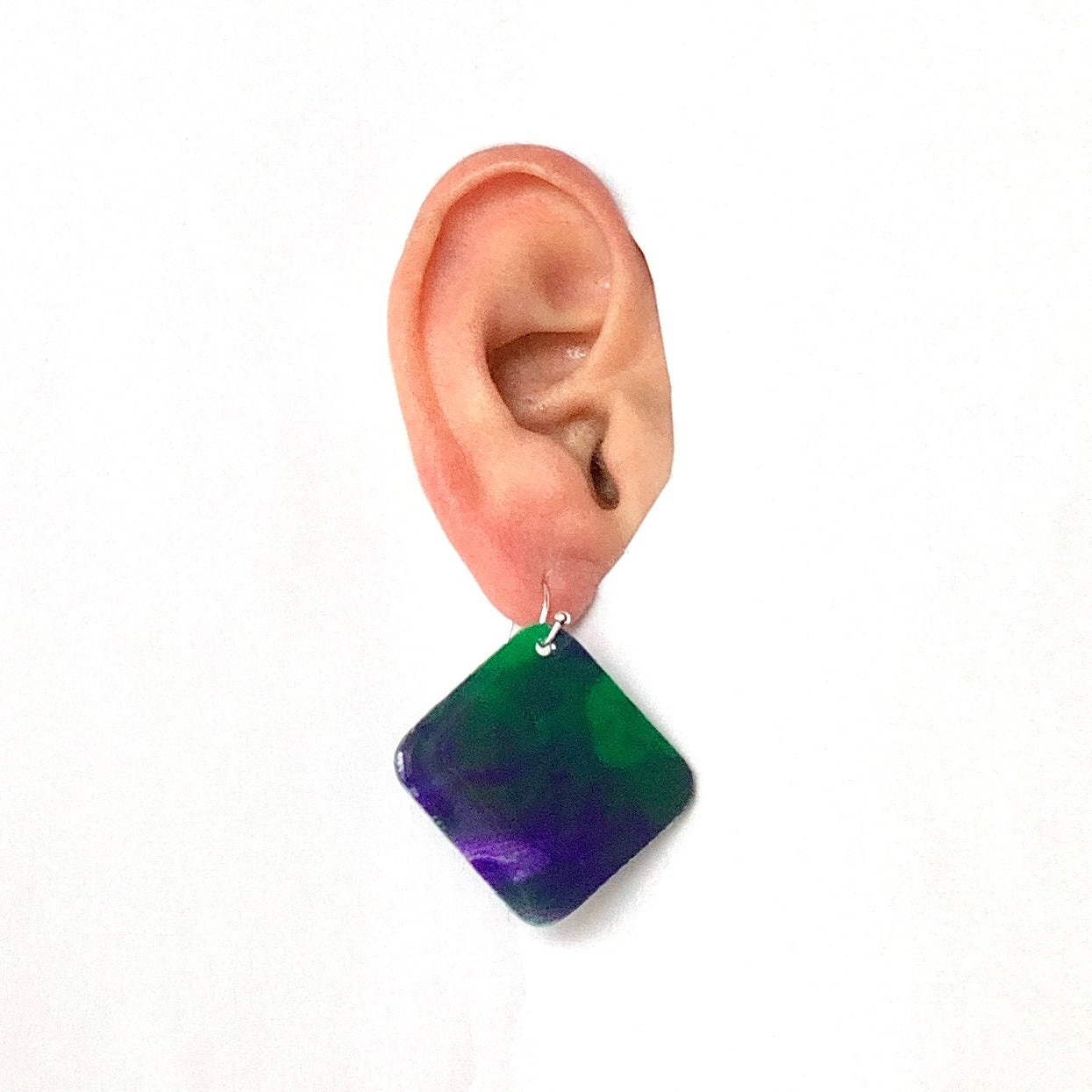 Rectangle dangling drop earrings handmade from recycled plastic purple green silver artesian eco friendly crocuses