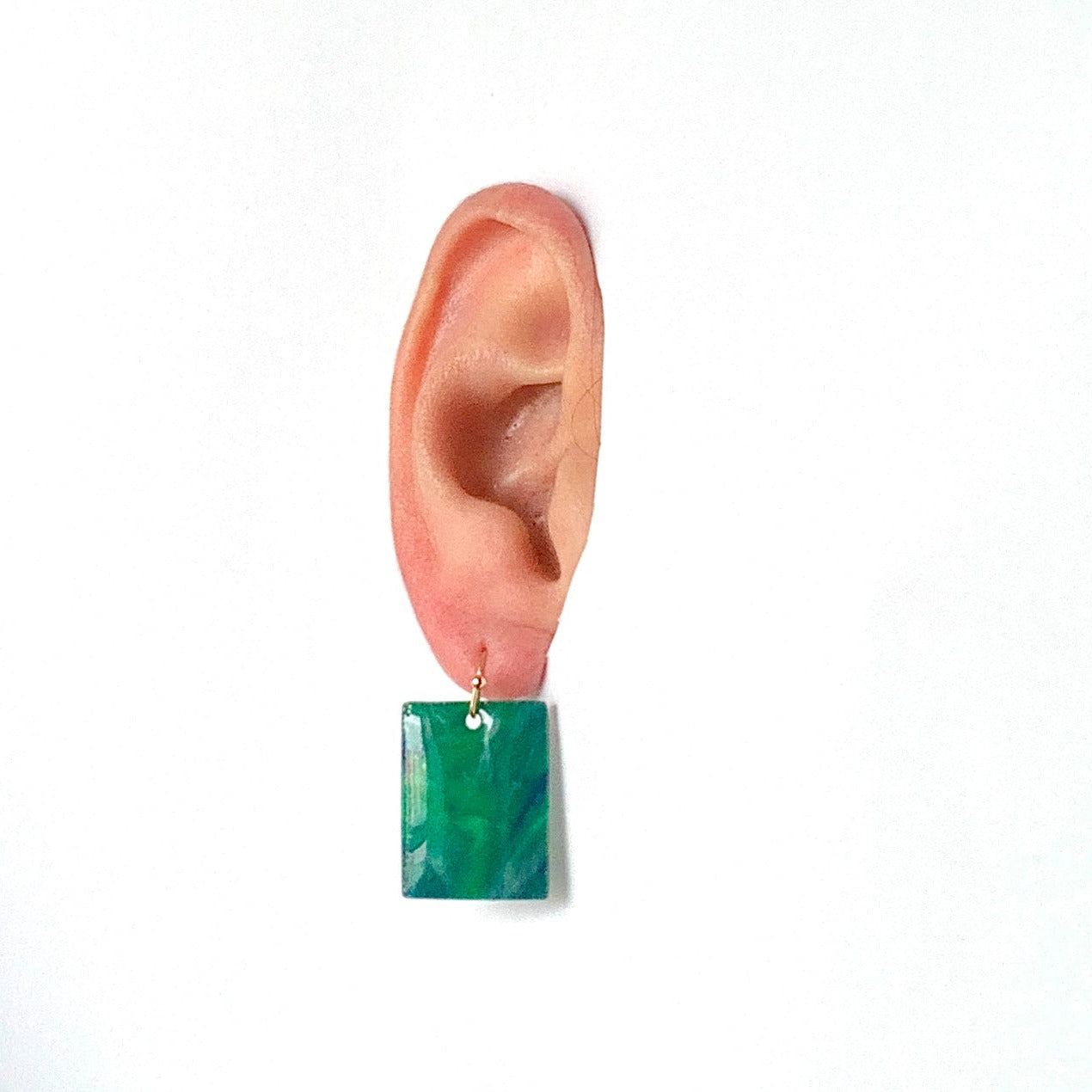 Rectangle dangling drop earrings handmade from recycled plastic dark green gold artesian eco friendly crocuse