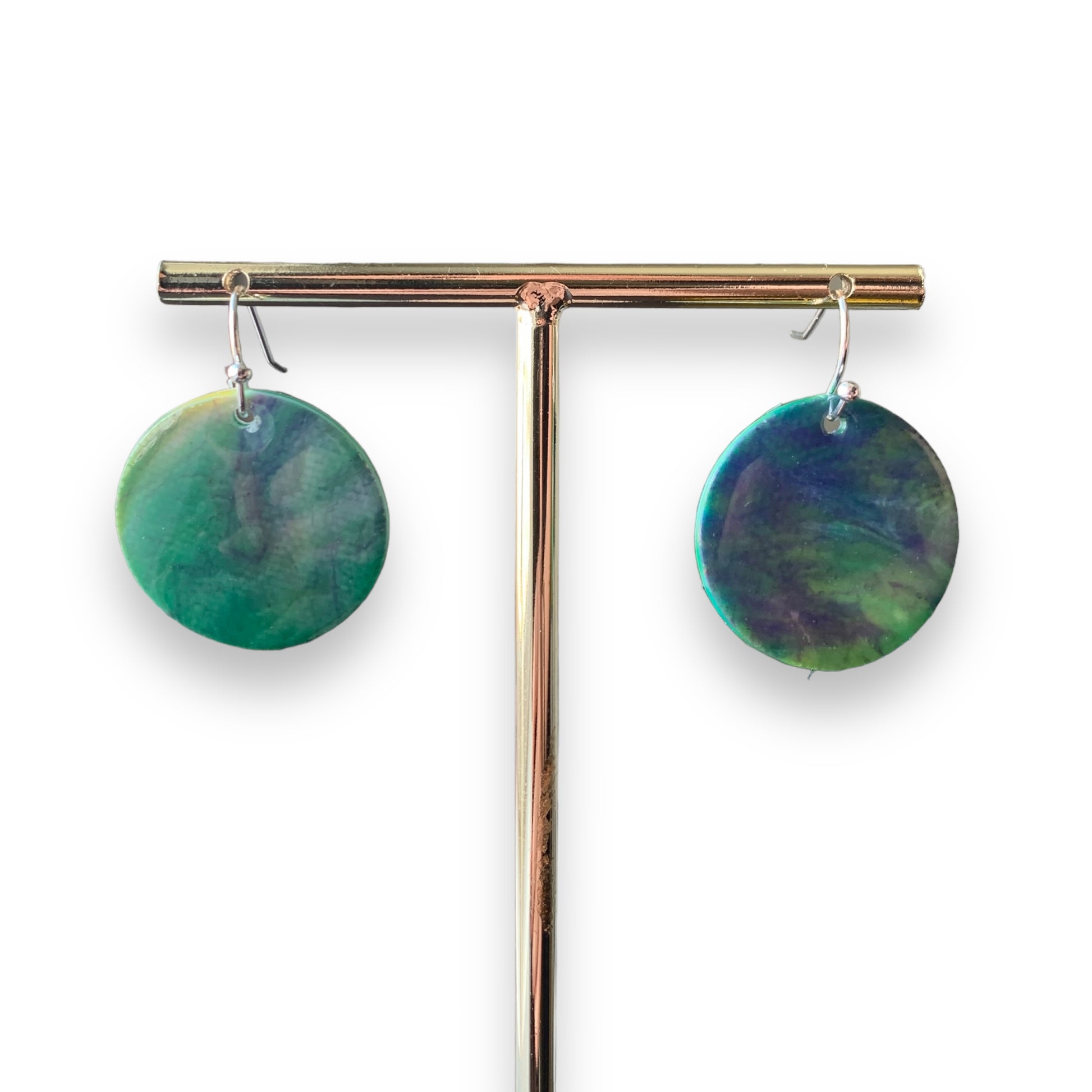 Circle dangling drop earrings handmade from recycled plastic purple silver dark green artesian eco friendly crocuses
