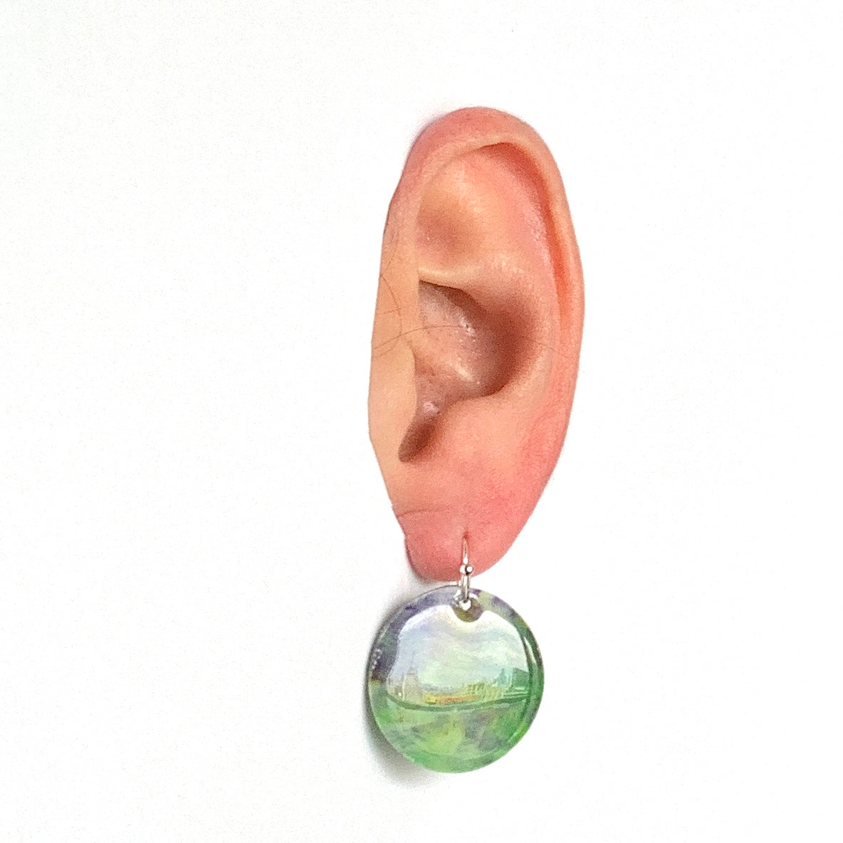 Circle dangling drop earrings handmade from recycled plastic purple silver pink green artesian eco friendly crocuses