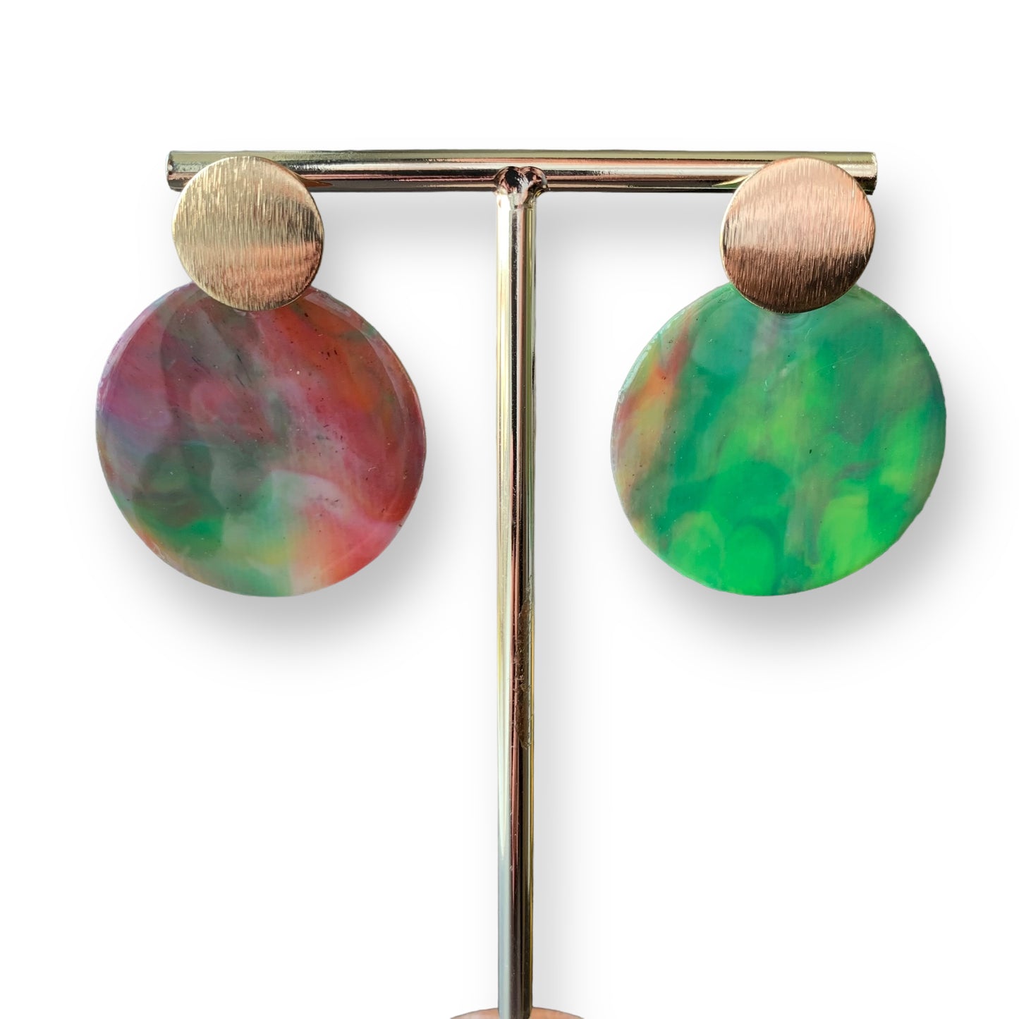Handmade earrings from recycled bottle tops red green gold studs Recycled plastic jewellery & artwork handmade in London