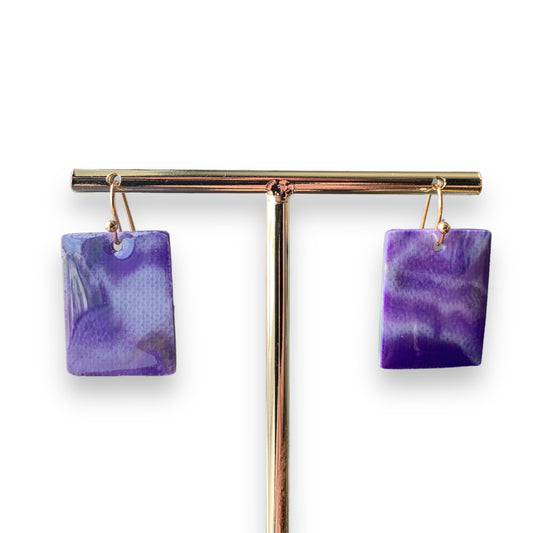Rectangle dangling drop earrings handmade from recycled plastic purple gold artesian eco friendly crocuses