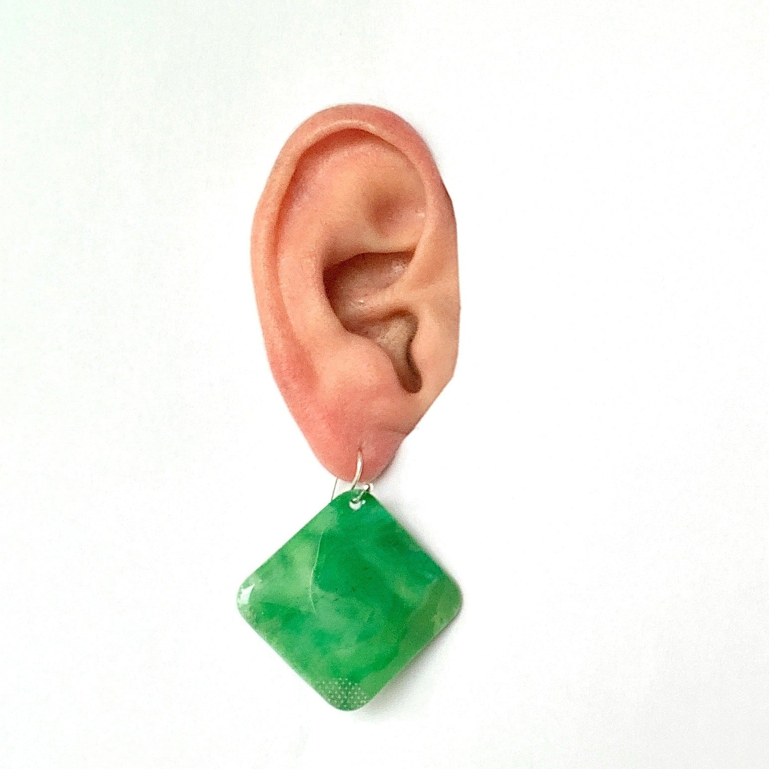 square diamond earrings dangling drop earrings handmade from recycled plastic sliver light green artesian eco friendly crocuses