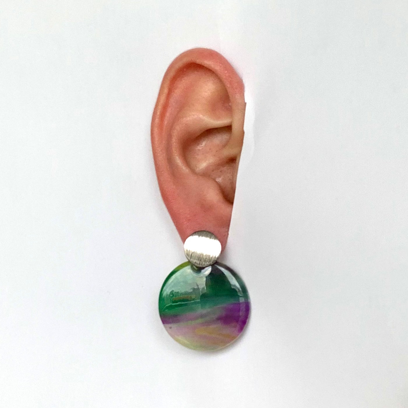 Recycled Bottle tops earrings handmade in London green purple silver
