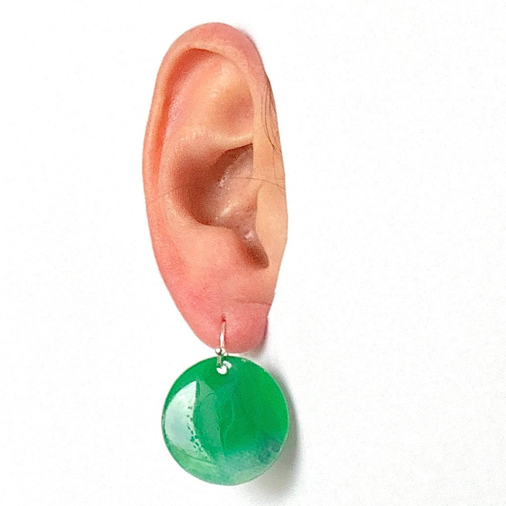 Circle dangling drop earrings handmade from recycled plastic dark green artesian eco friendly crocuses