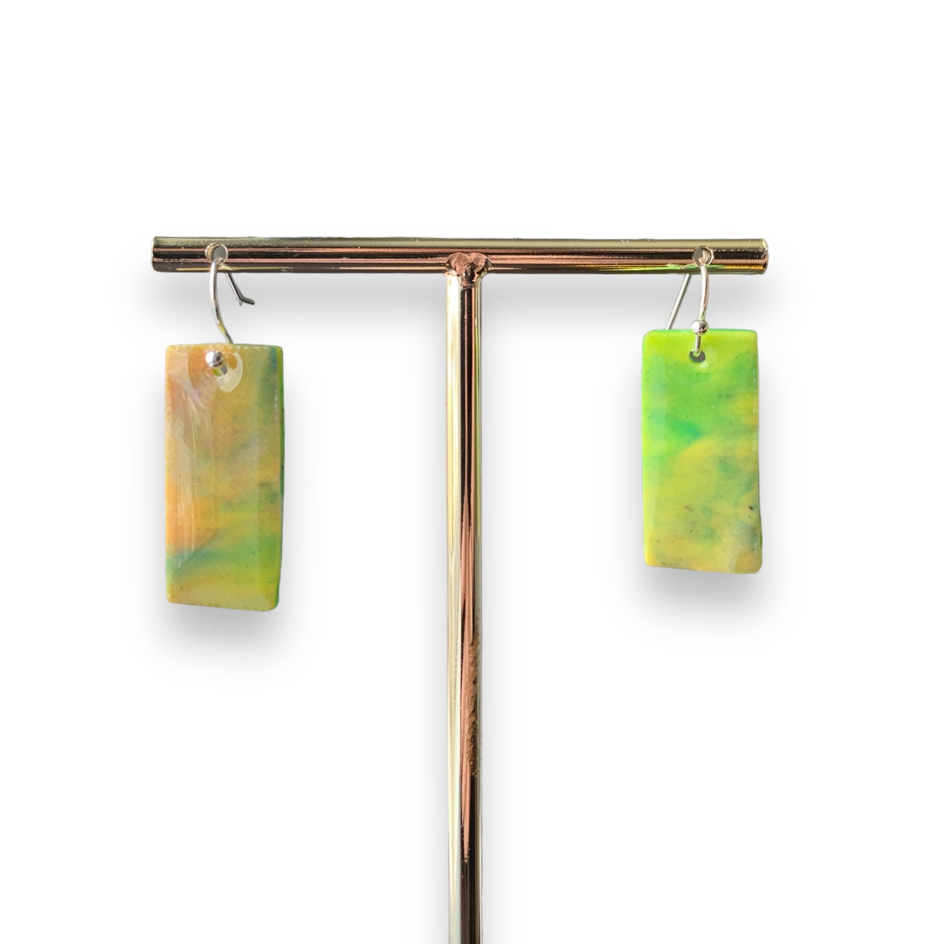 Rectangle dangling drop earrings handmade from recycled plastic silver yellow artesian eco friendly crocuses