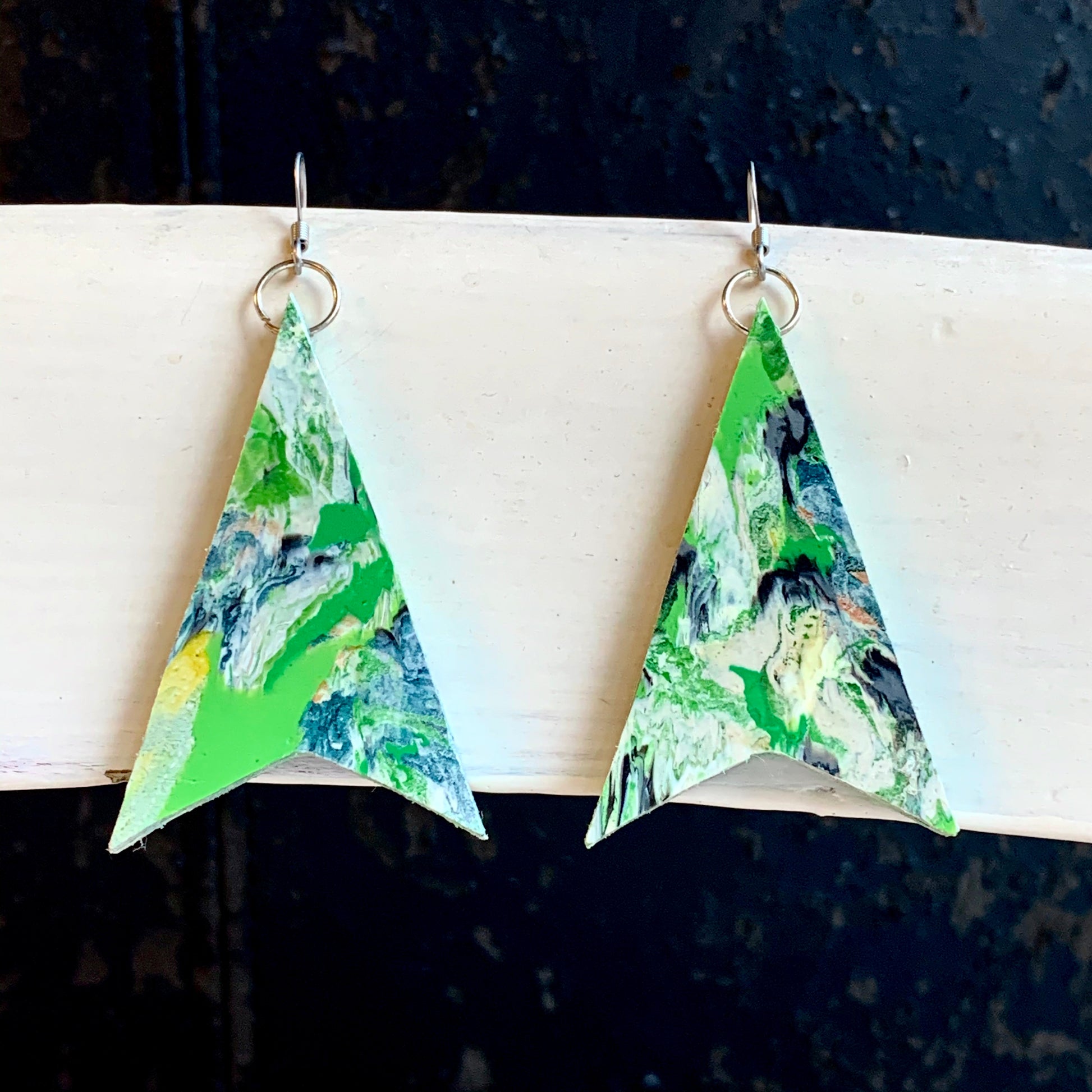 One off green sustainable earrings made from recycled bottle tops and carrier bags eco friendly artesian