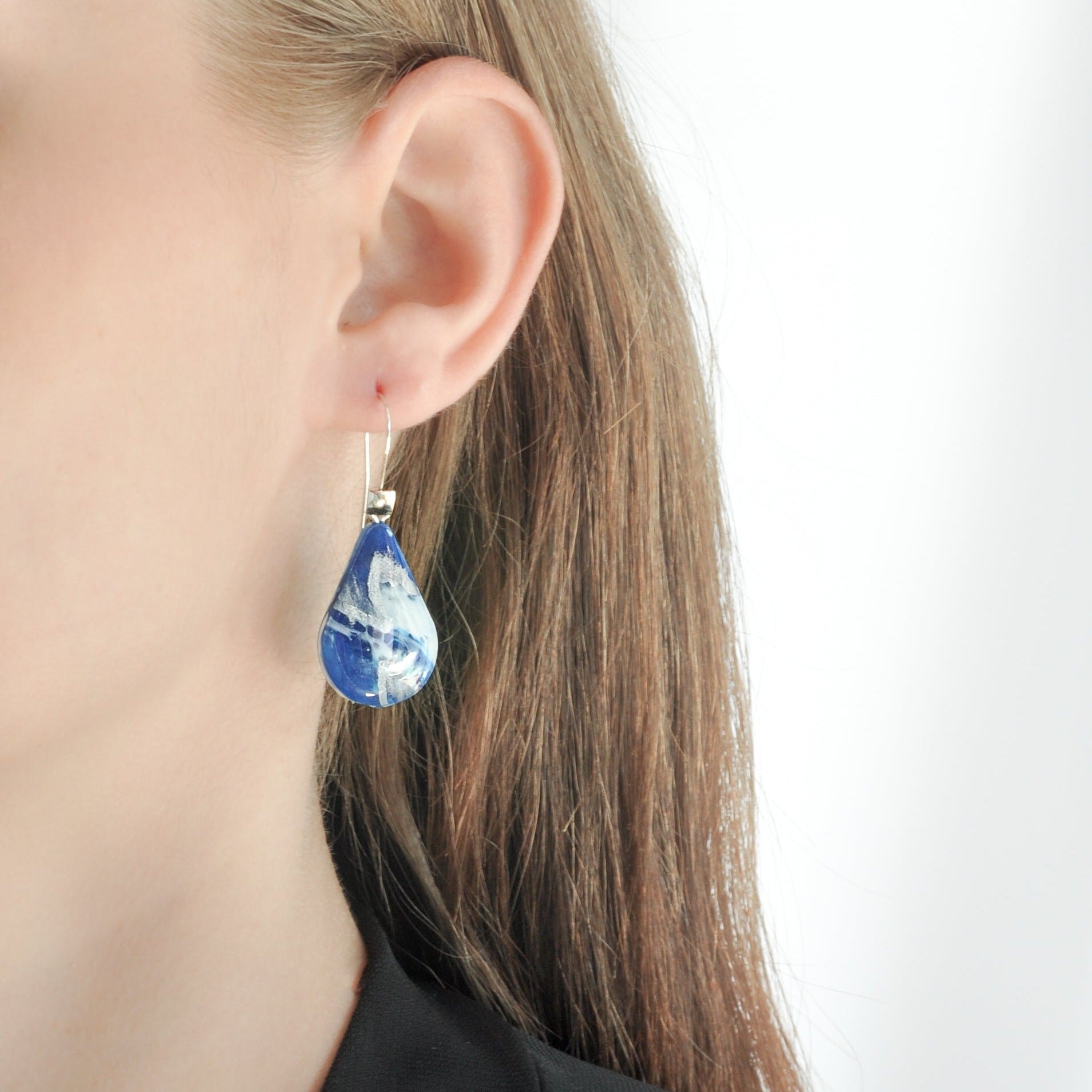 Sustainable handmade artesian teardrop nave blue sterling silver dangle earrings jewellery gift for her