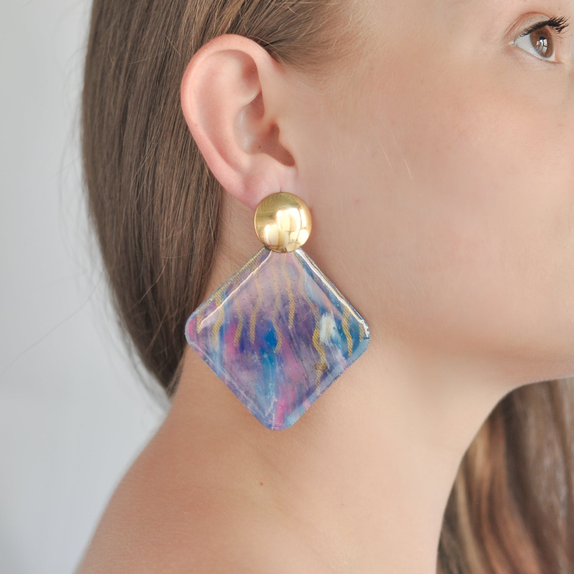 Recycled bottle tops Statement Earrings Handmade in London Ethical Jewellery Pink Purple Blue Gold Squares 