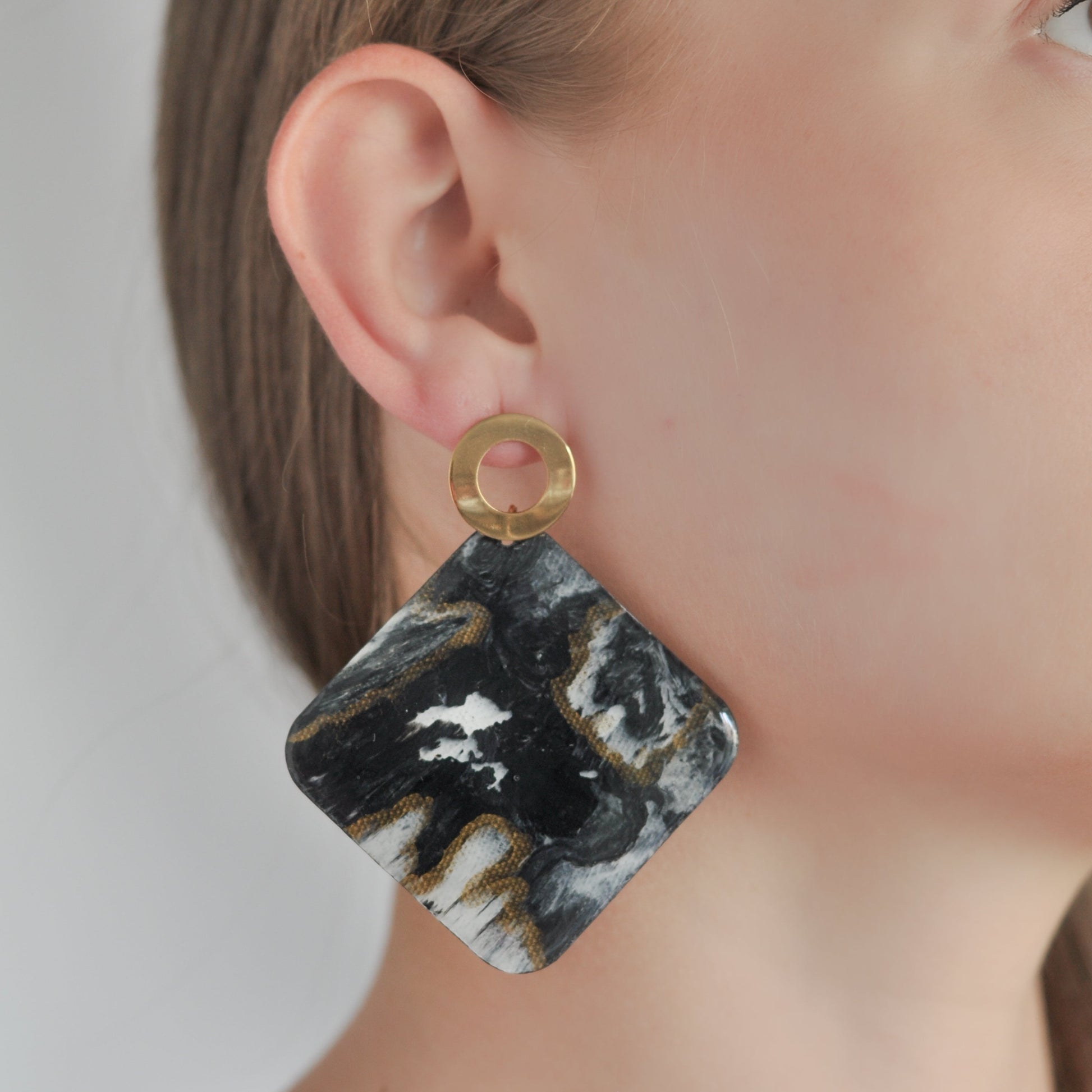 Recycled plastic Statement Large Studs Earrings Handcrafted Black White Gold from local waste