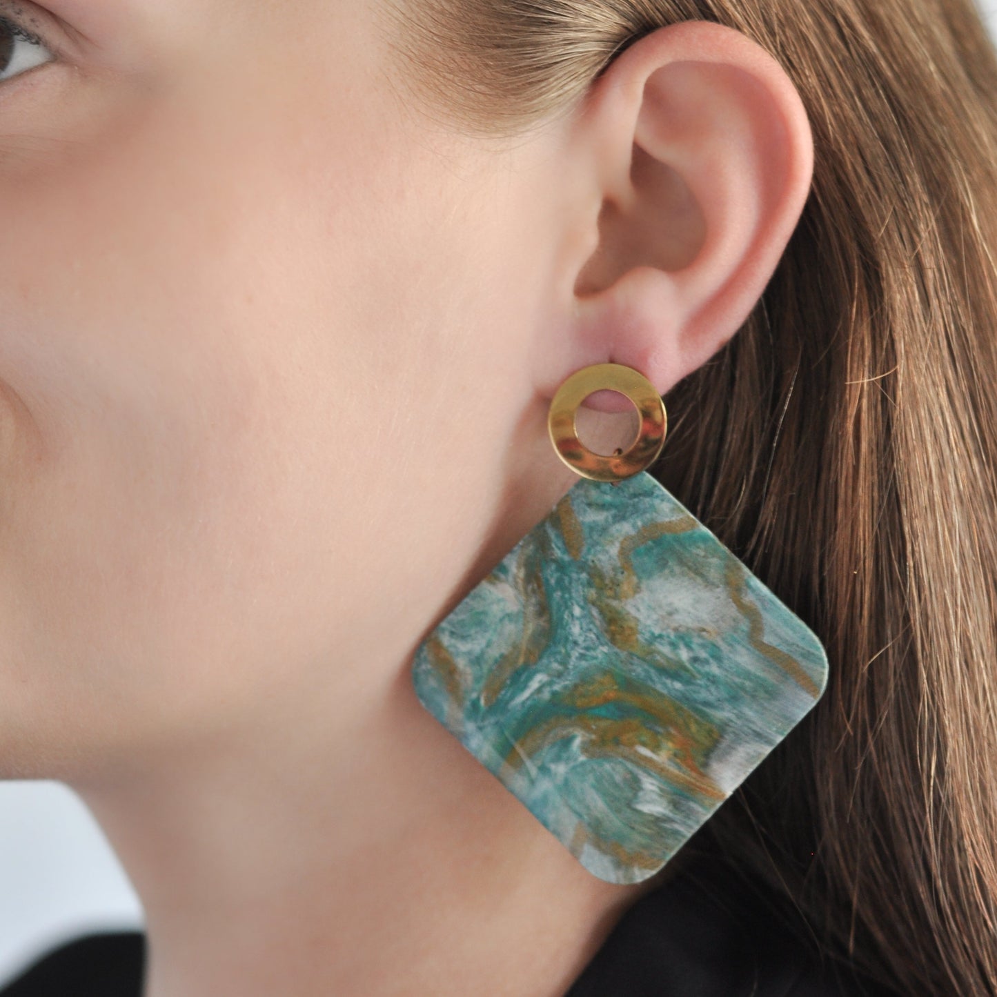 Recycled plastic Statement Earrings Green Blue Gold Handmade Precious Plastic