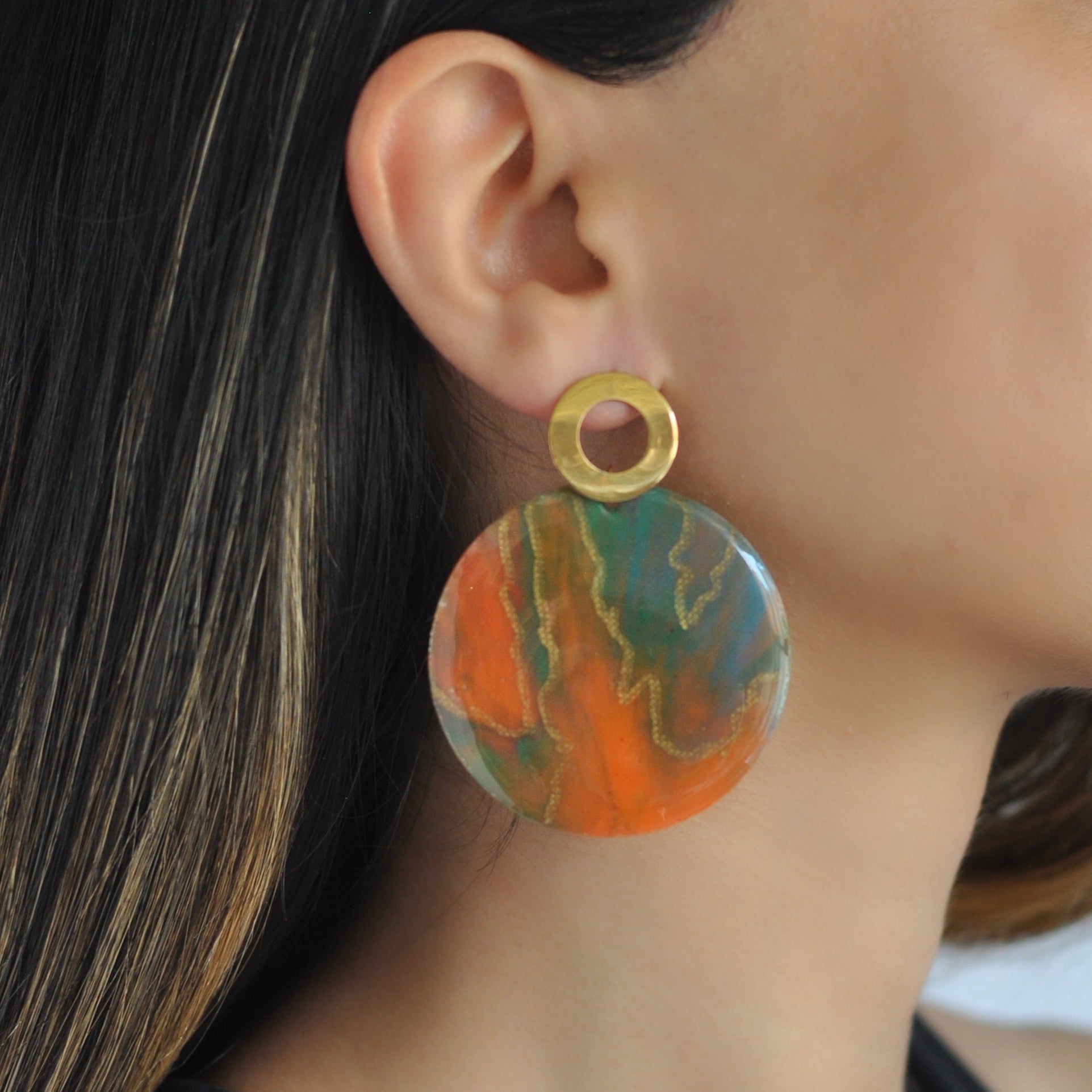 Recycled Plastic Bottle Tops Handmade in London Sustainable Jewellery Accessories Earrings Studs Colourful Round Circle orange Gold ethically  made shop small