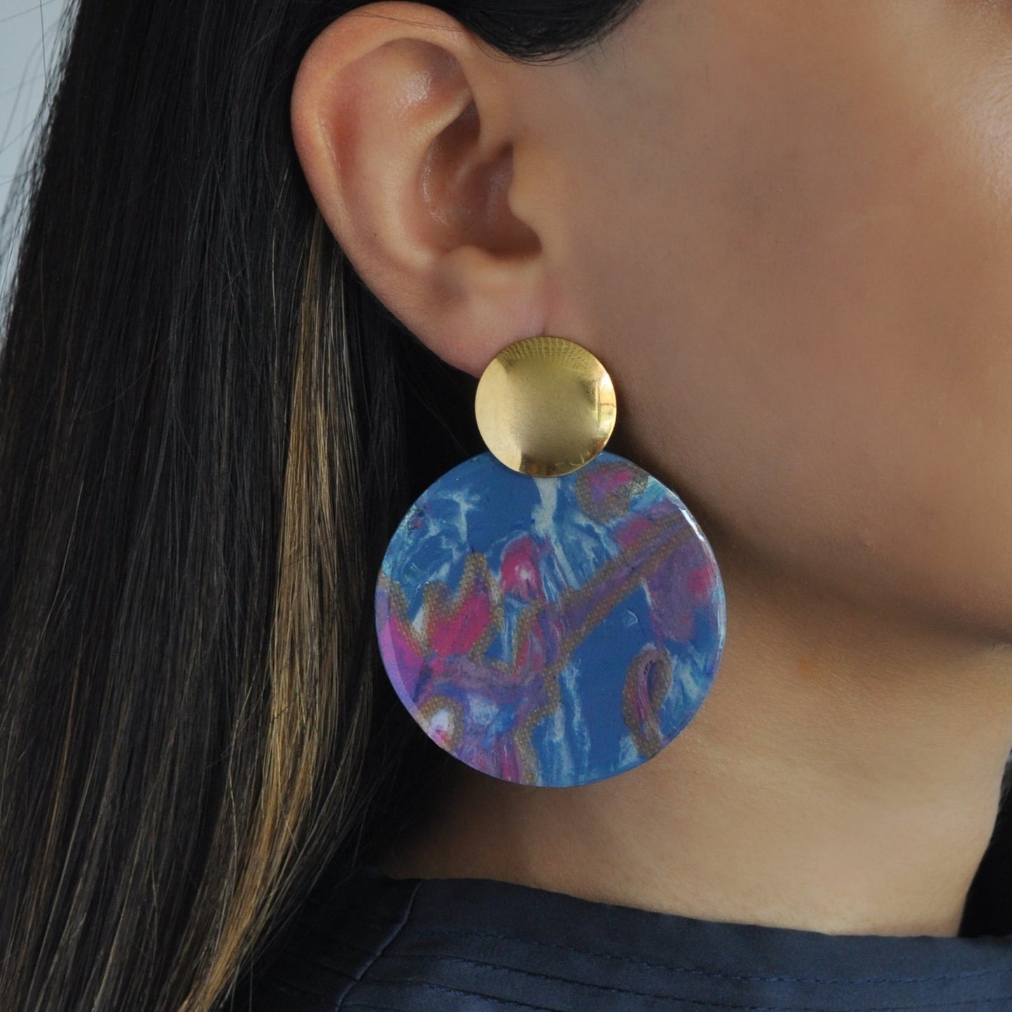 Recycled Plastic Handmade Sustainable Artesian Earrings made from Bottle tops handcrafted in London Purple Gold Blue
