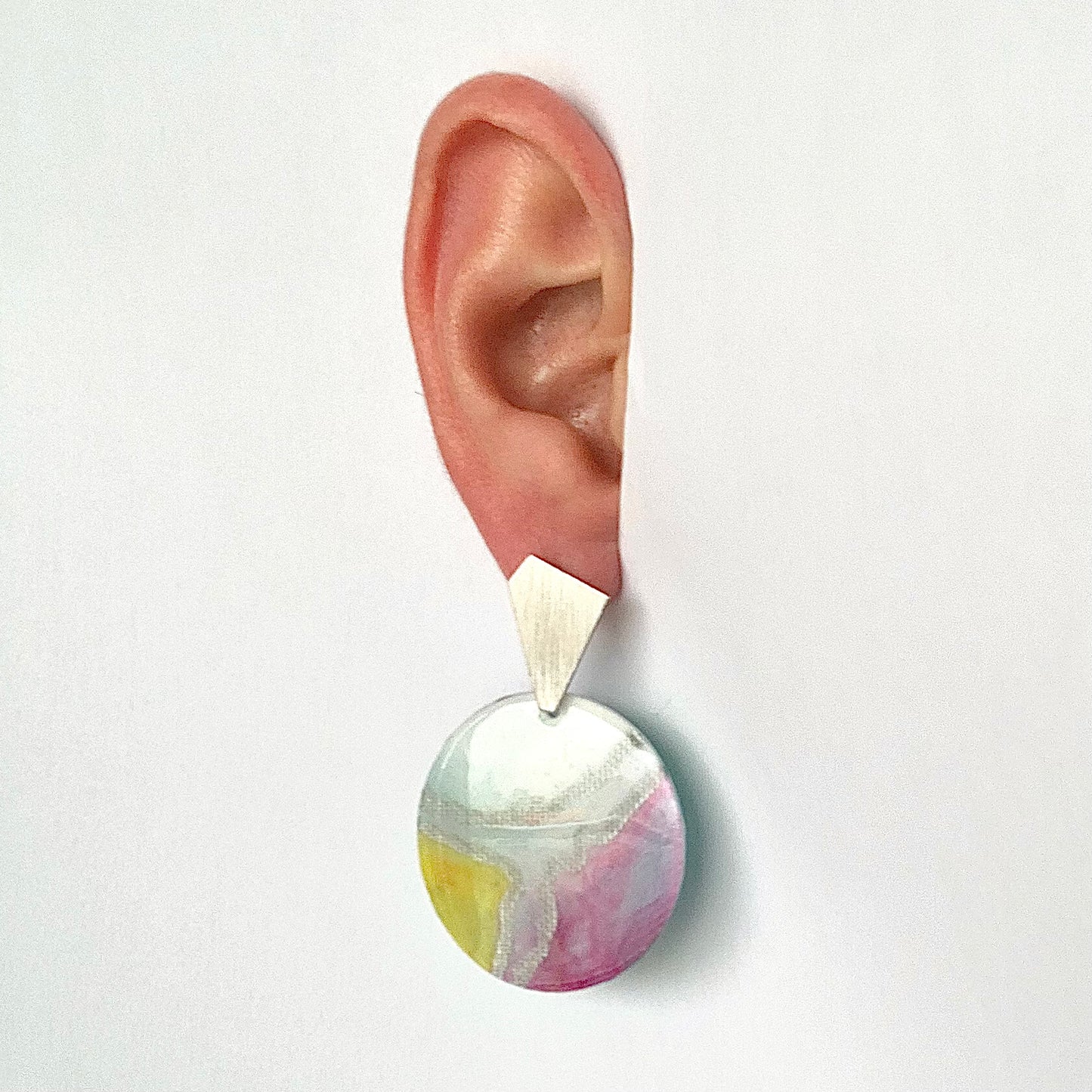 Recycled bottle tops earrings recycled plastic handmade in London pink yellow silver